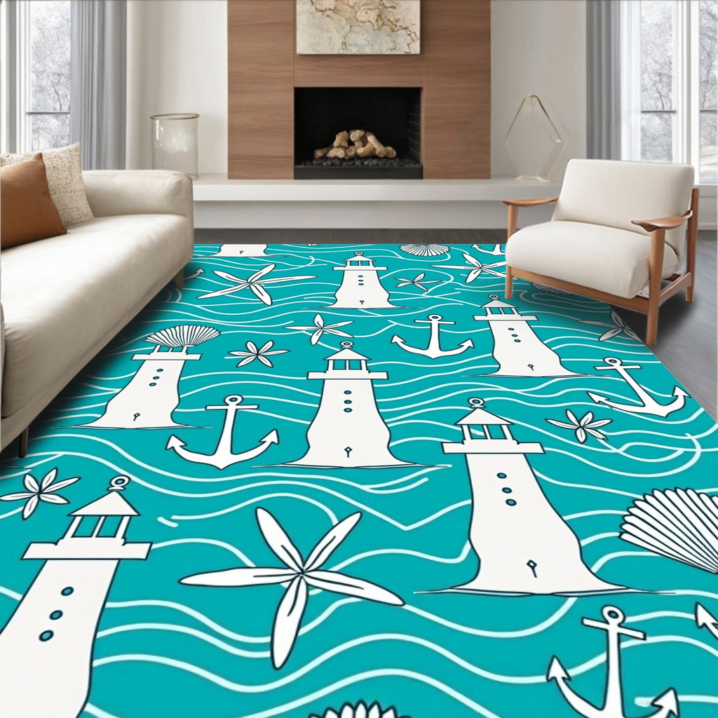 Coastal White Lighthouse Anchor Seashell Waves Rug
