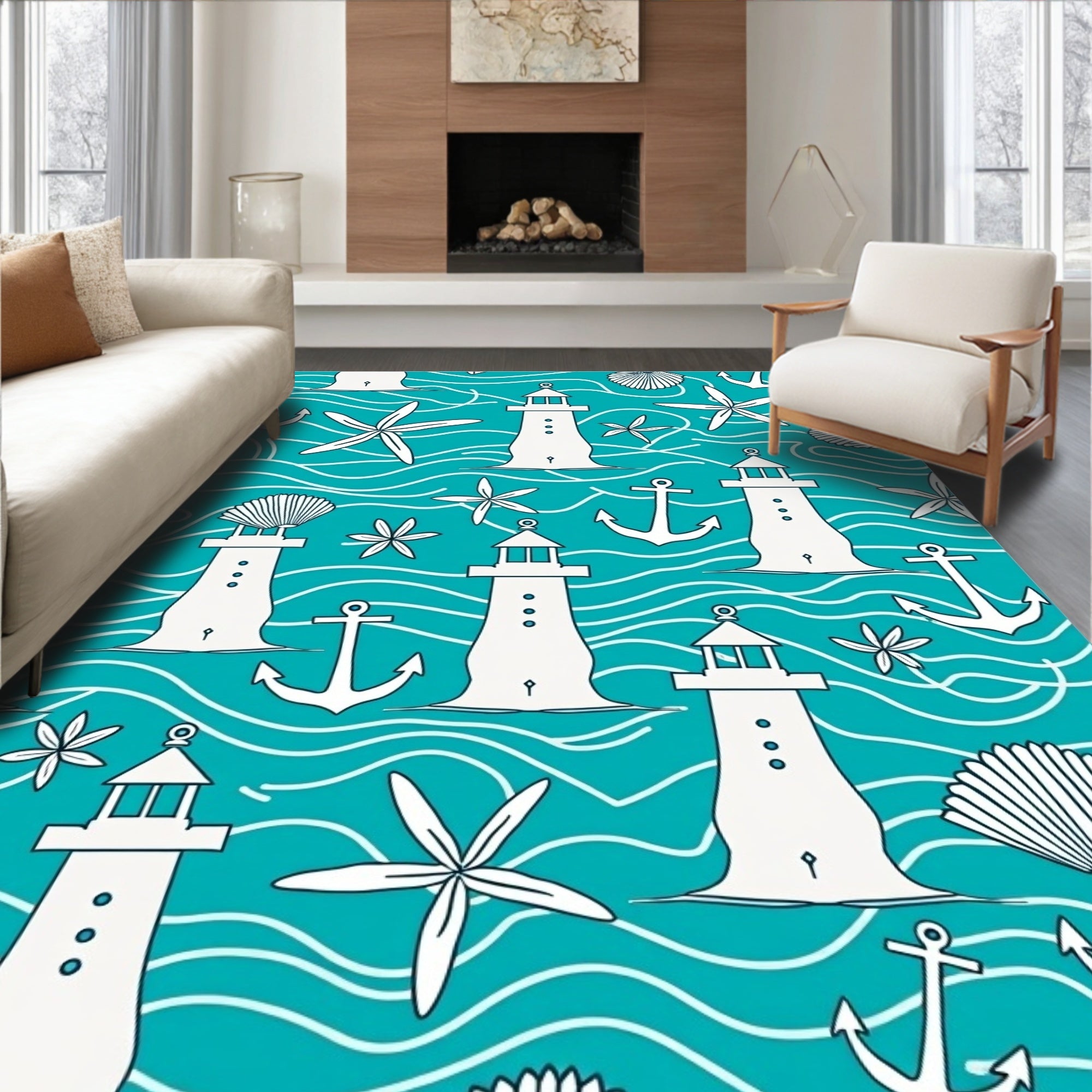 Coastal White Lighthouse Anchor Seashell Waves Rug