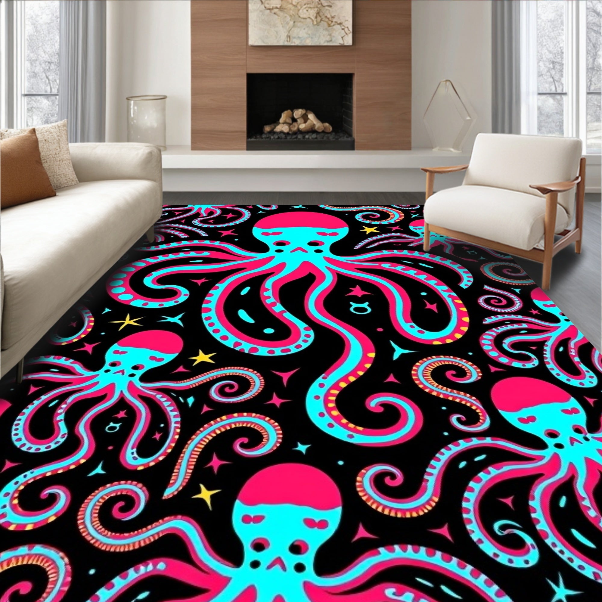 Vibrant Pink Turquoise Octopus Swirl Rug