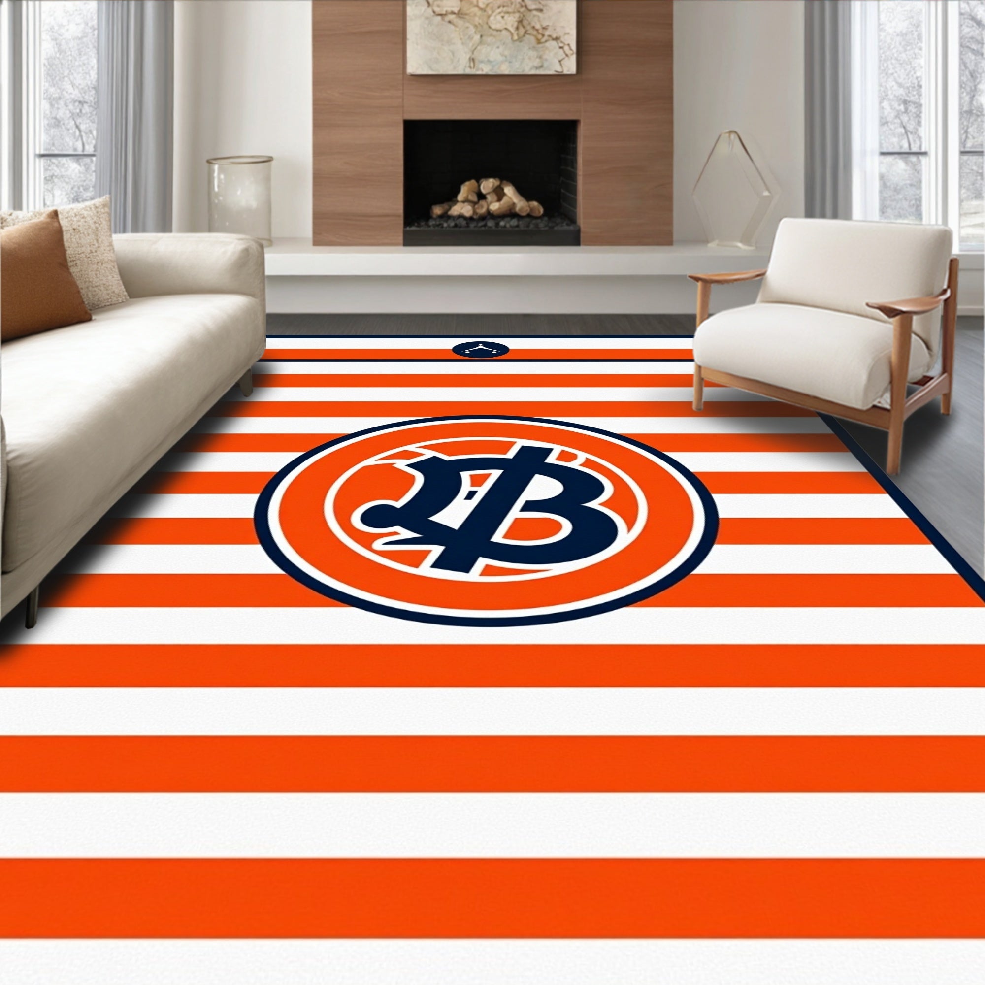 Bold Orange and Navy Stripe Emblem Rug