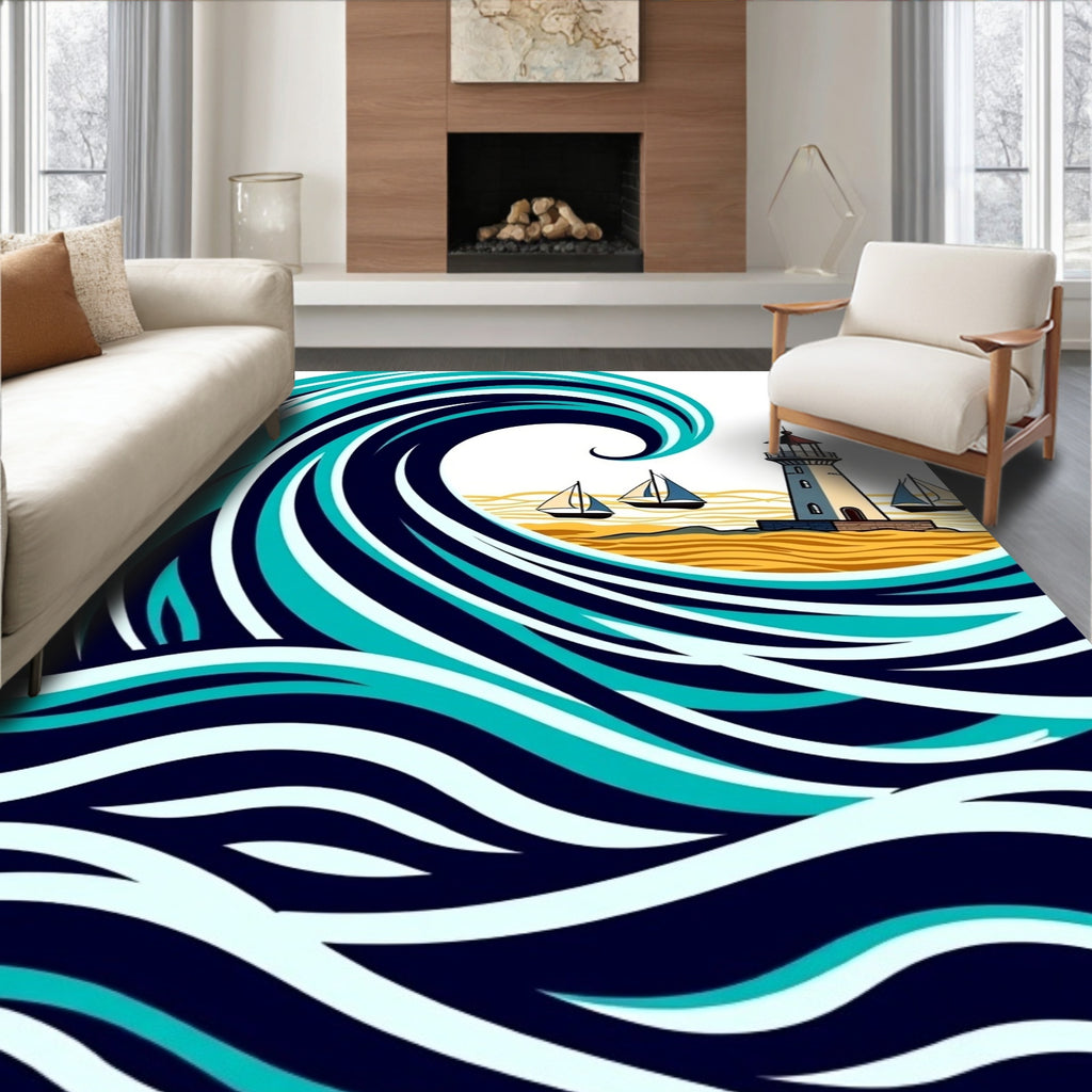 Ocean Lighthouse Sailing Wave Art Rug