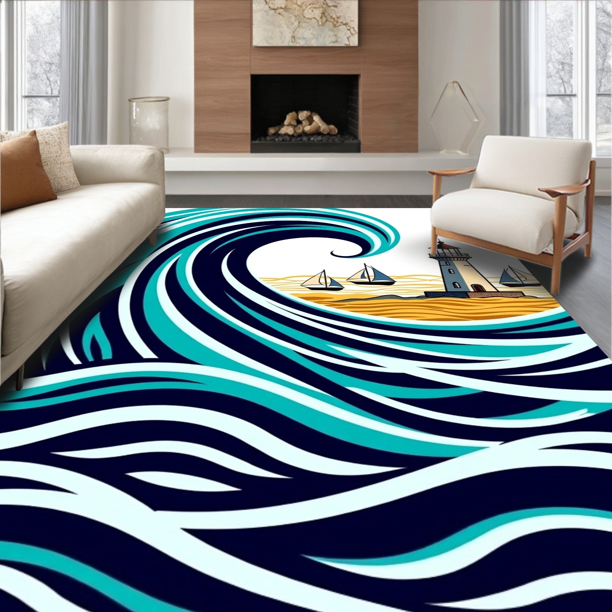 Ocean Lighthouse Sailing Wave Art Rug