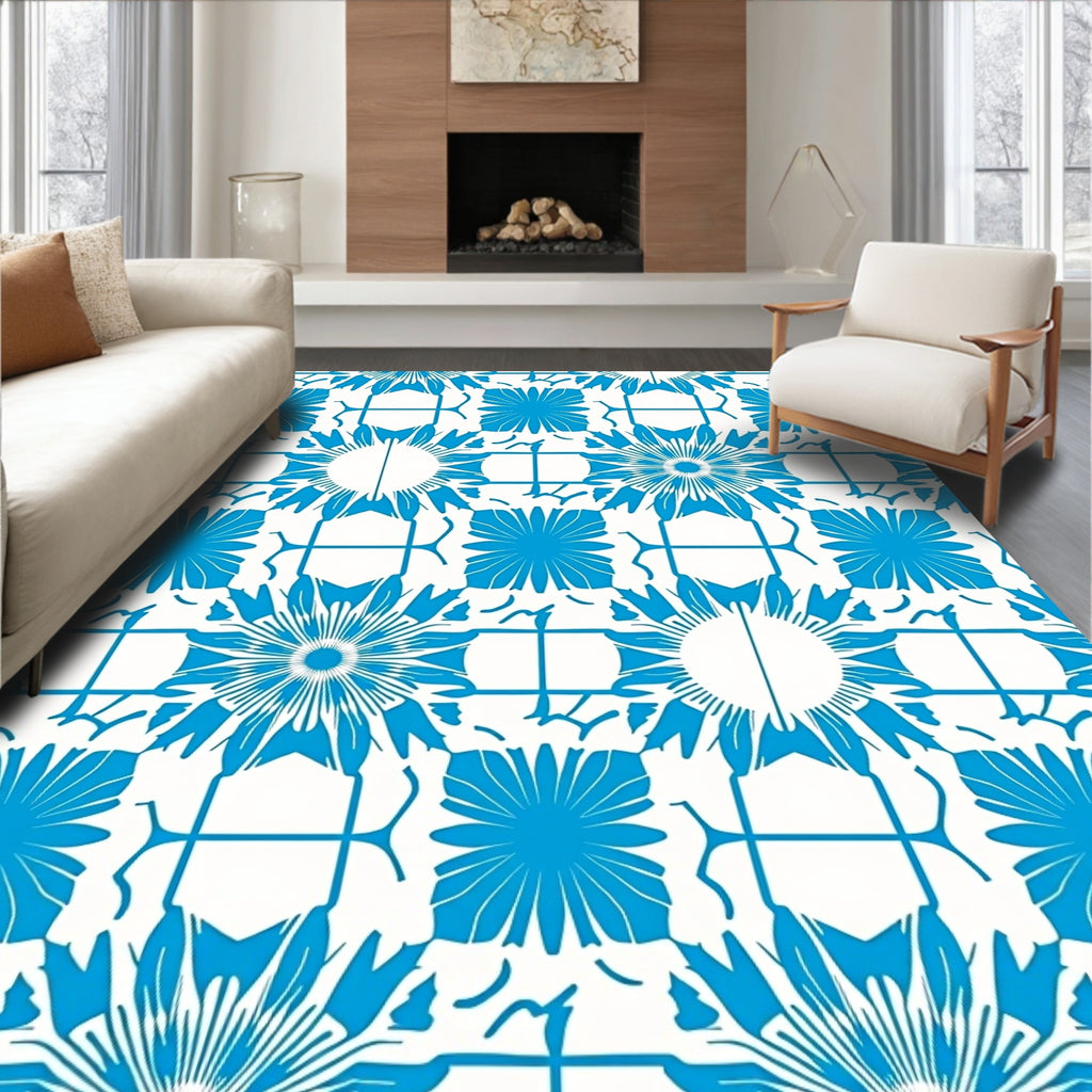 Vivid Blue Sunburst Grid Rug