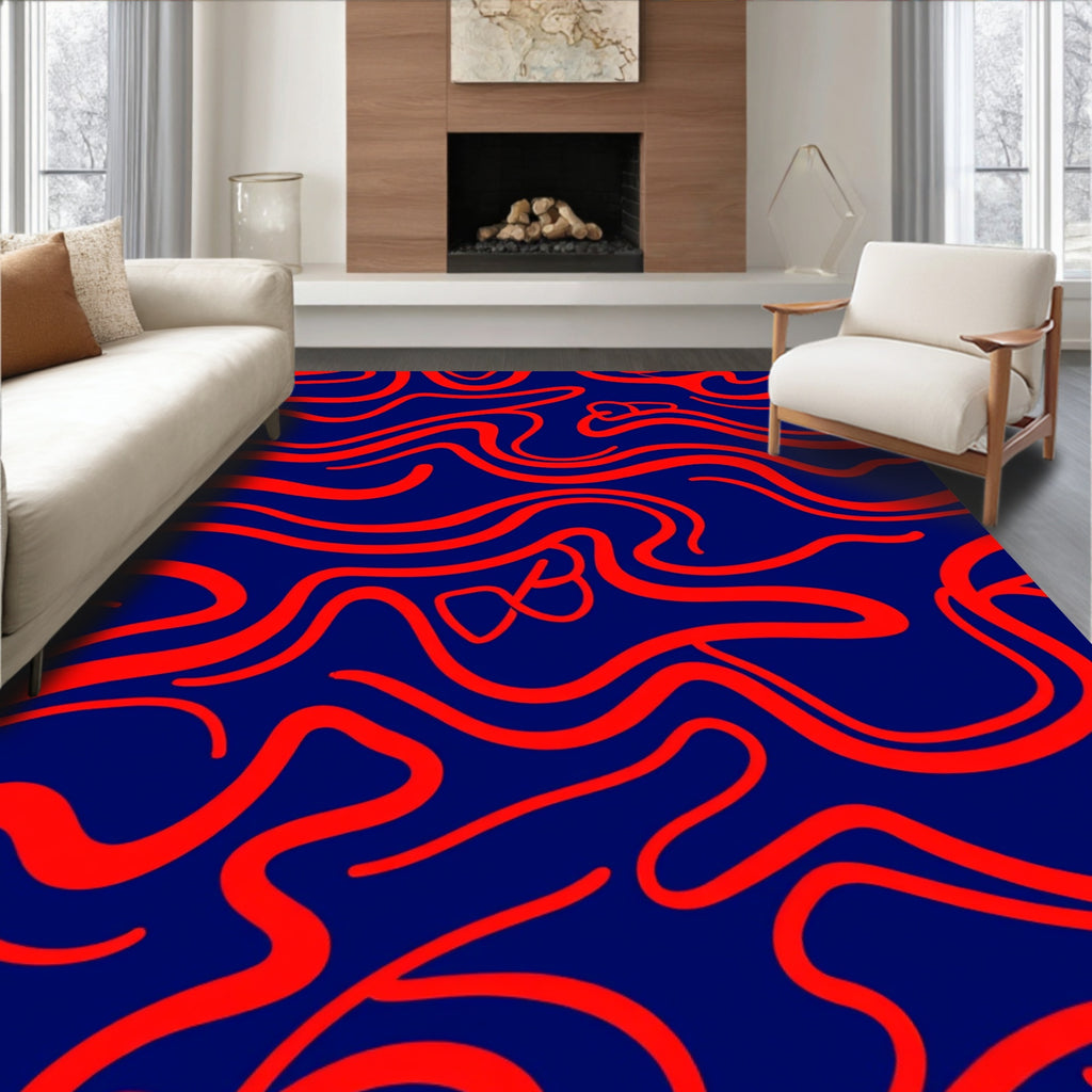 Crimson Wavy Lines Blue Field Rug