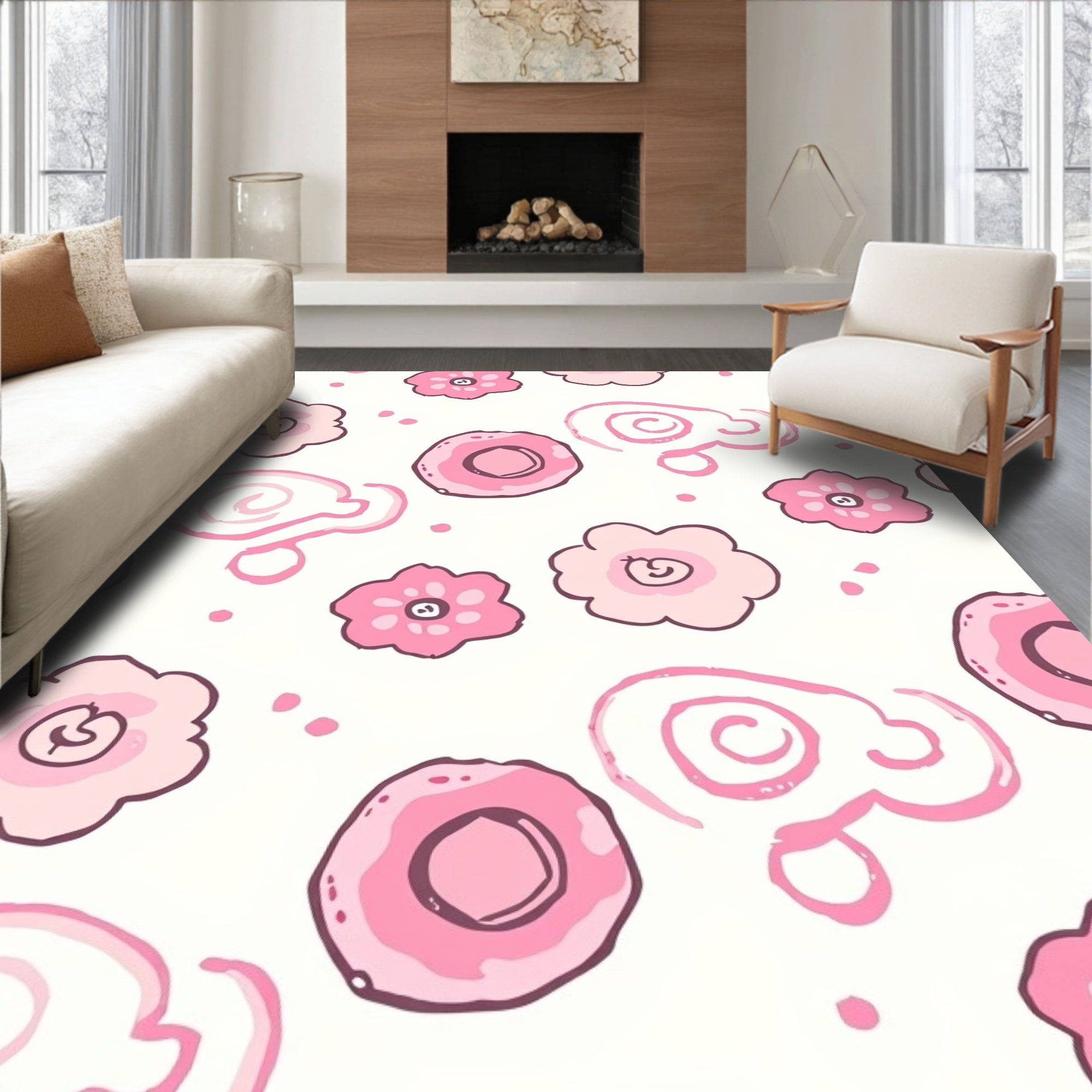 Pink Hand Drawn Floral Swirls Rug