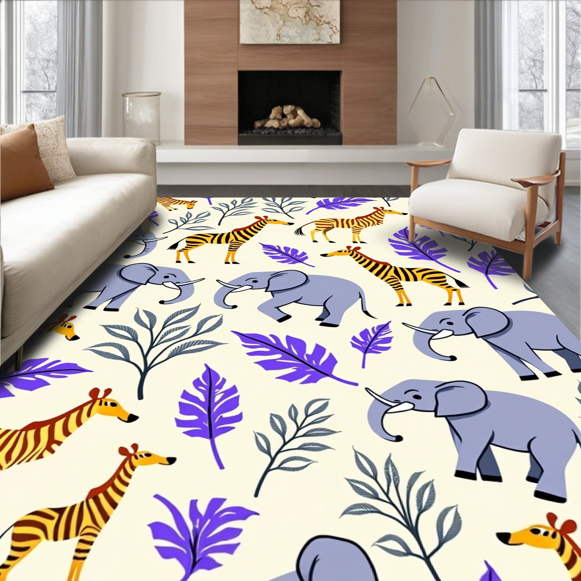 Safari Elephants And Zebras Jungle Rug