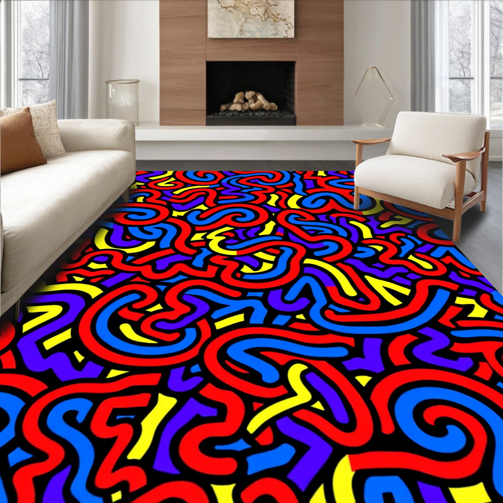 Vibrant Red Blue Yellow Swirl Rug