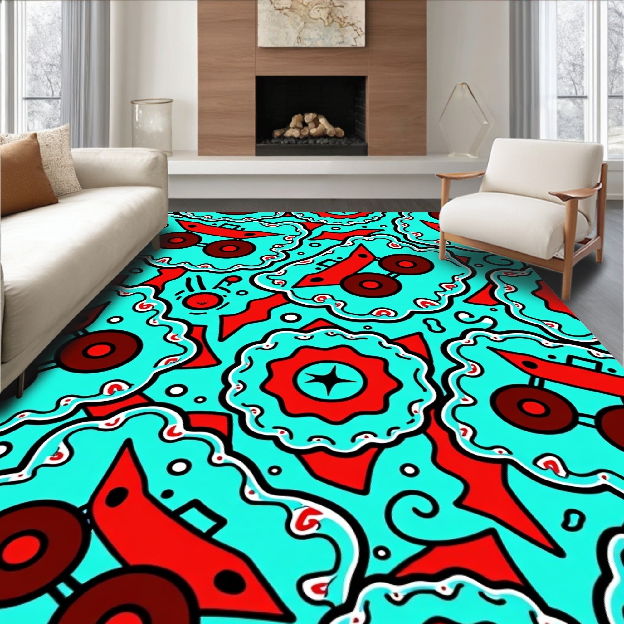 Bold Red Teal Abstract Wheels Rug