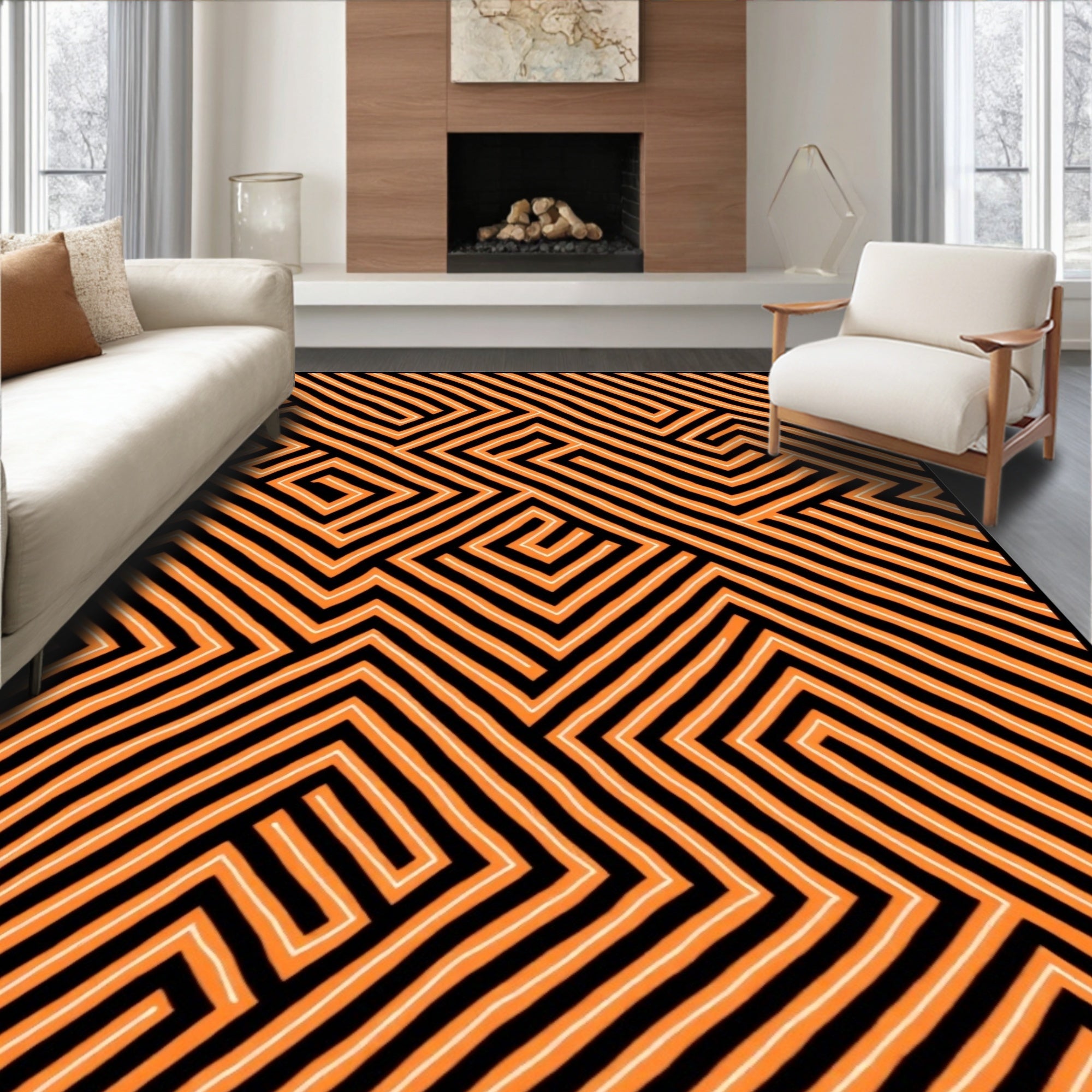 Bold Orange Maze Geometric Rug