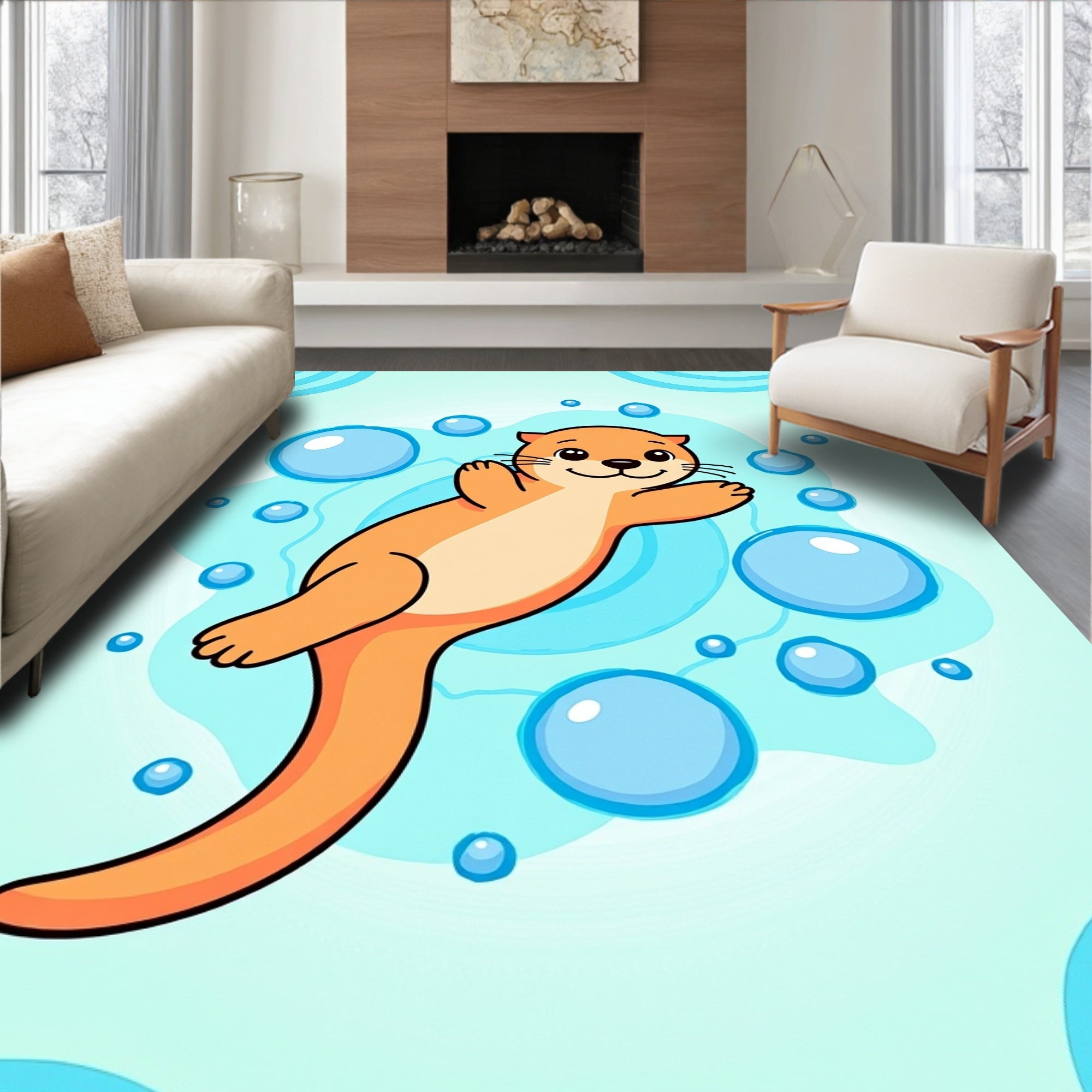 Cute Orange Otter Bubbles Underwater Rug