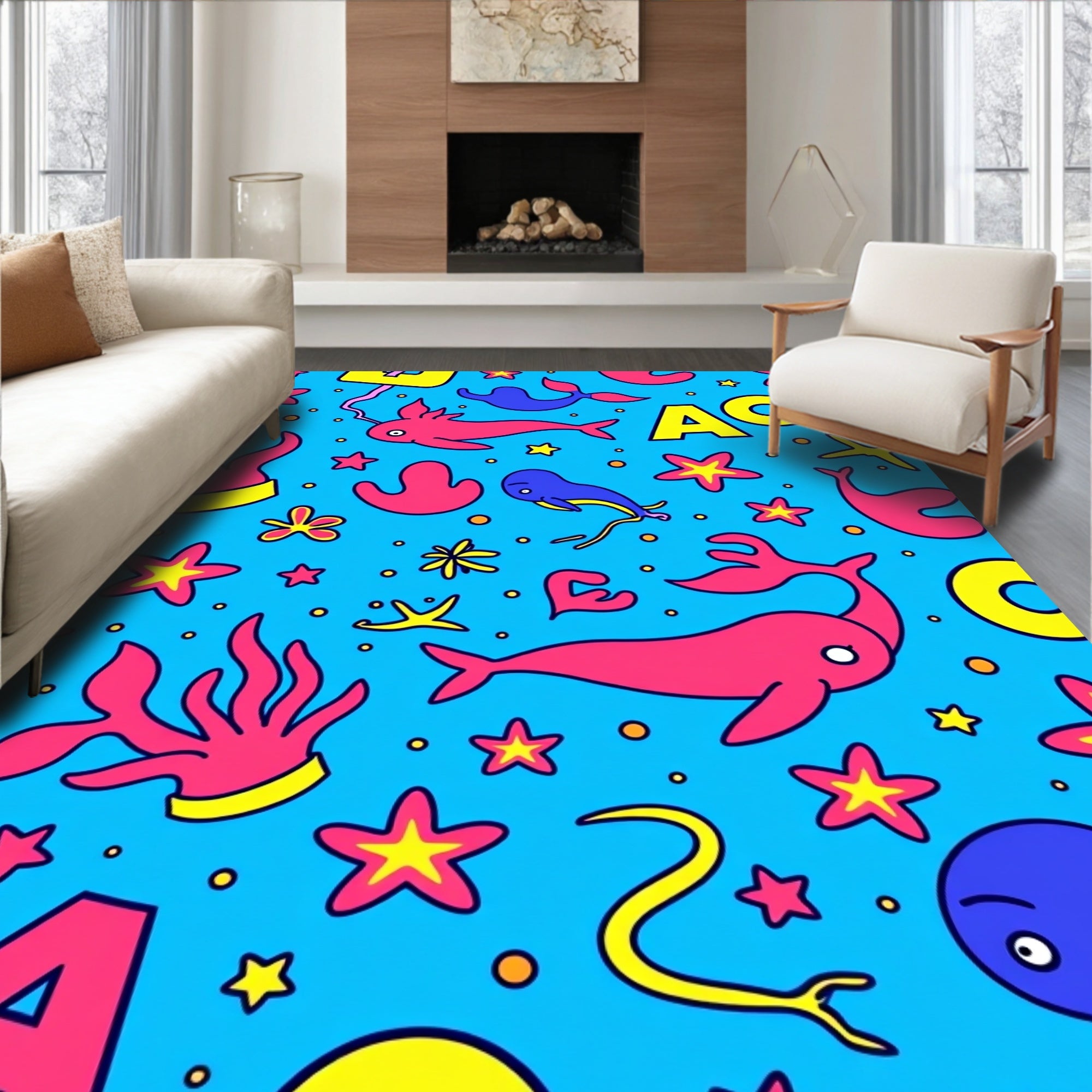Whimsical Pink Blue Sea Life Alphabet Rug