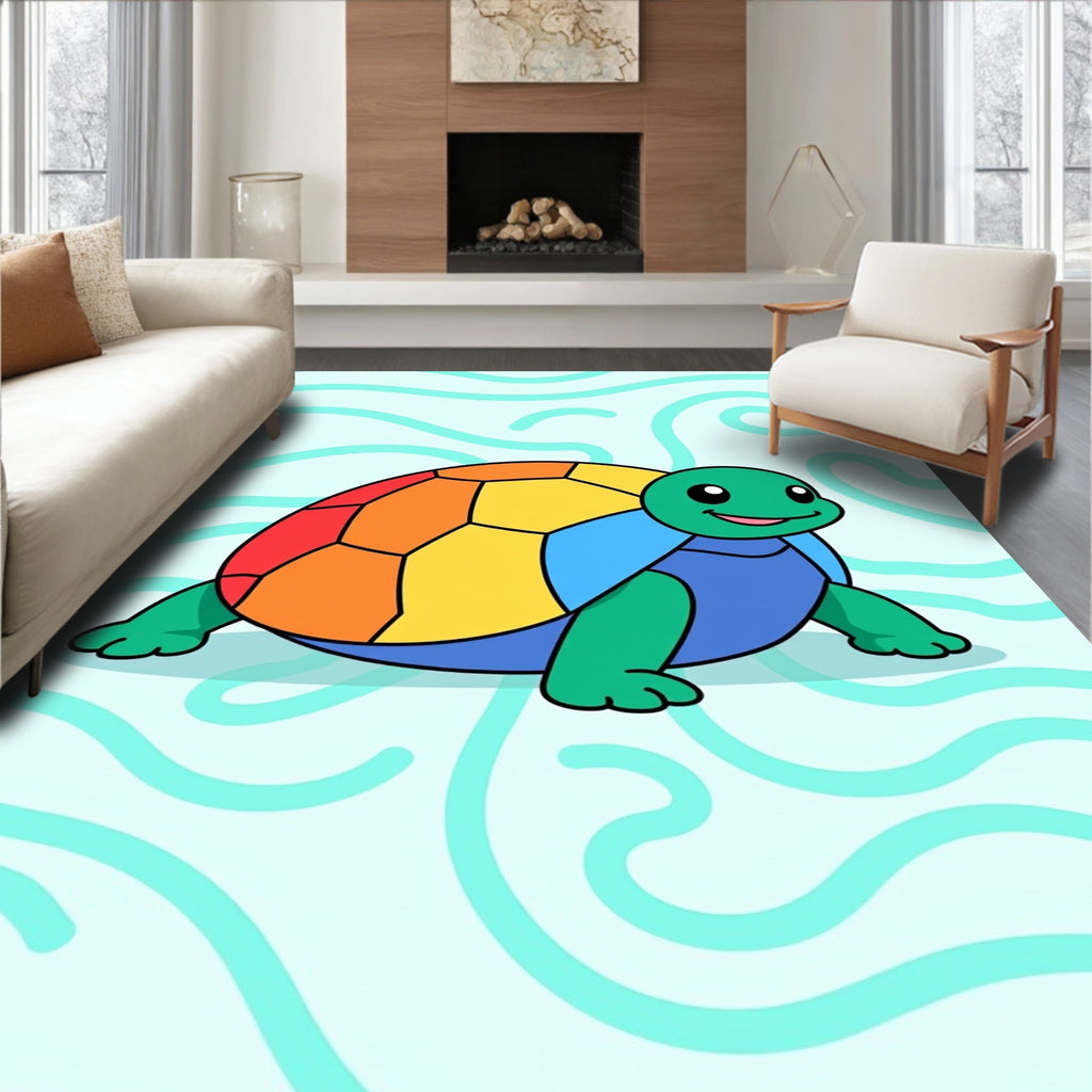 Colorful Rainbow Turtle On Aqua Waves Rug