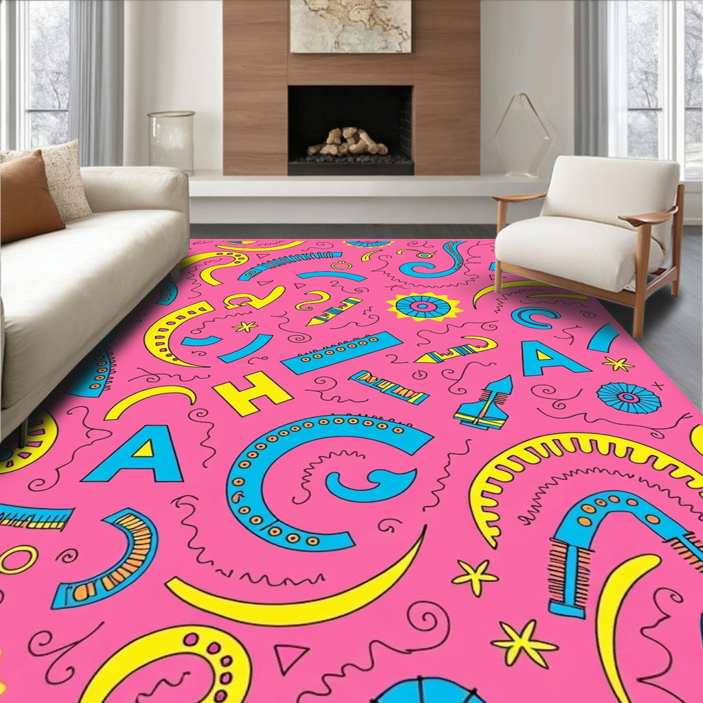 Funky Pink Blue Yellow Abstract Shapes Rug