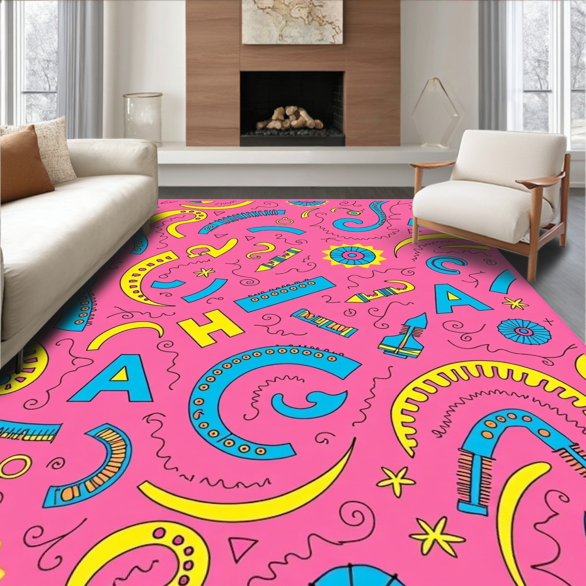 Funky Pink Blue Yellow Abstract Shapes Rug