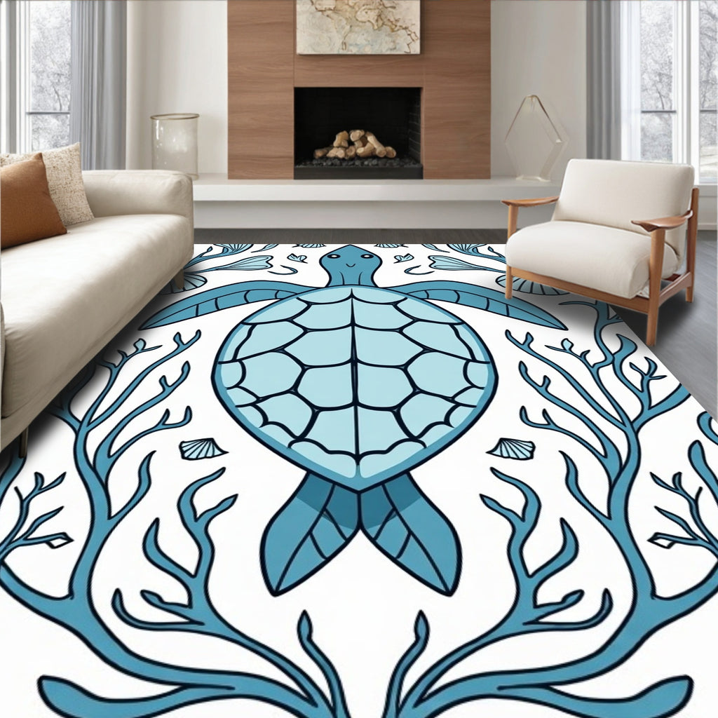 Blue Turtle Coral Reef Illustration Rug