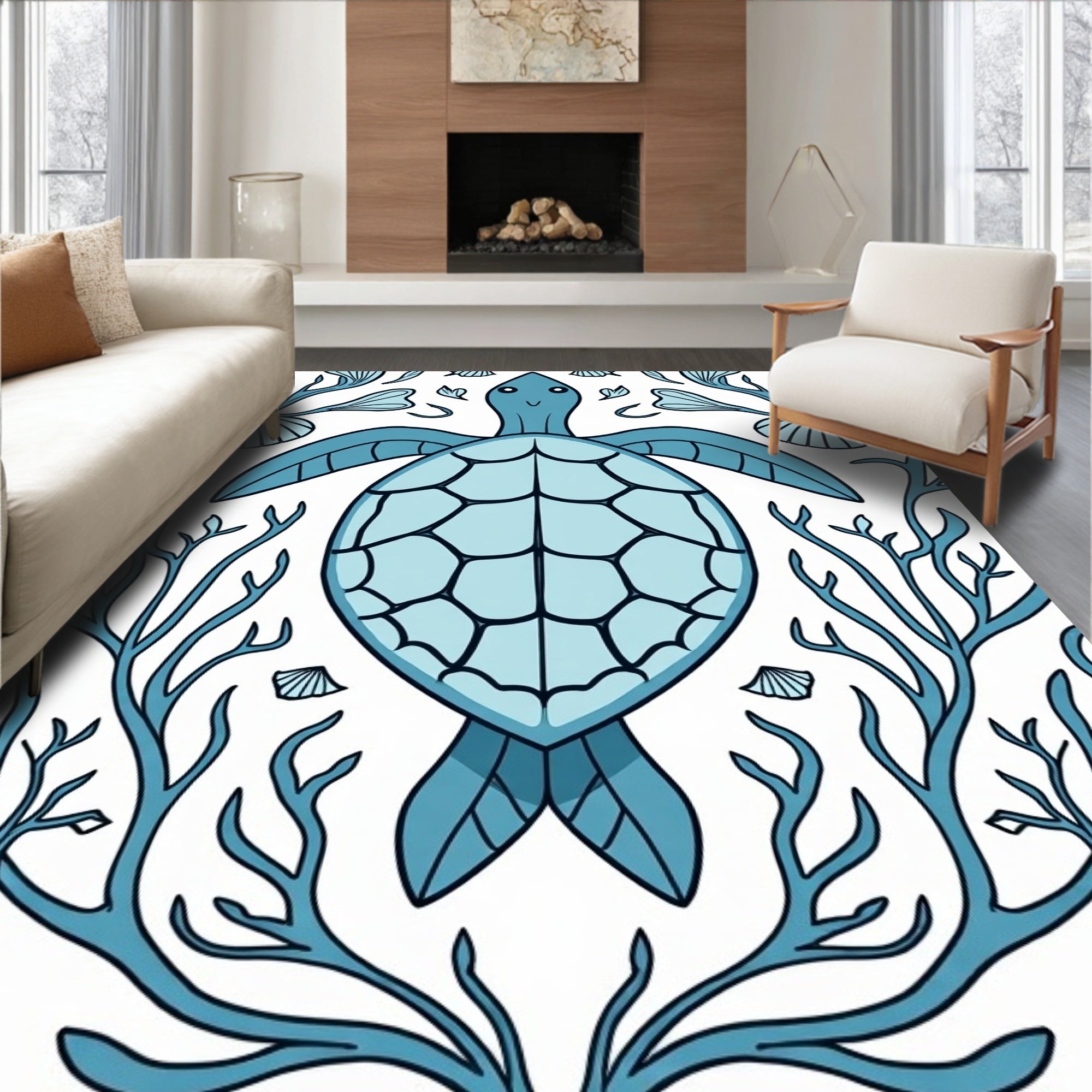 Blue Turtle Coral Reef Illustration Rug