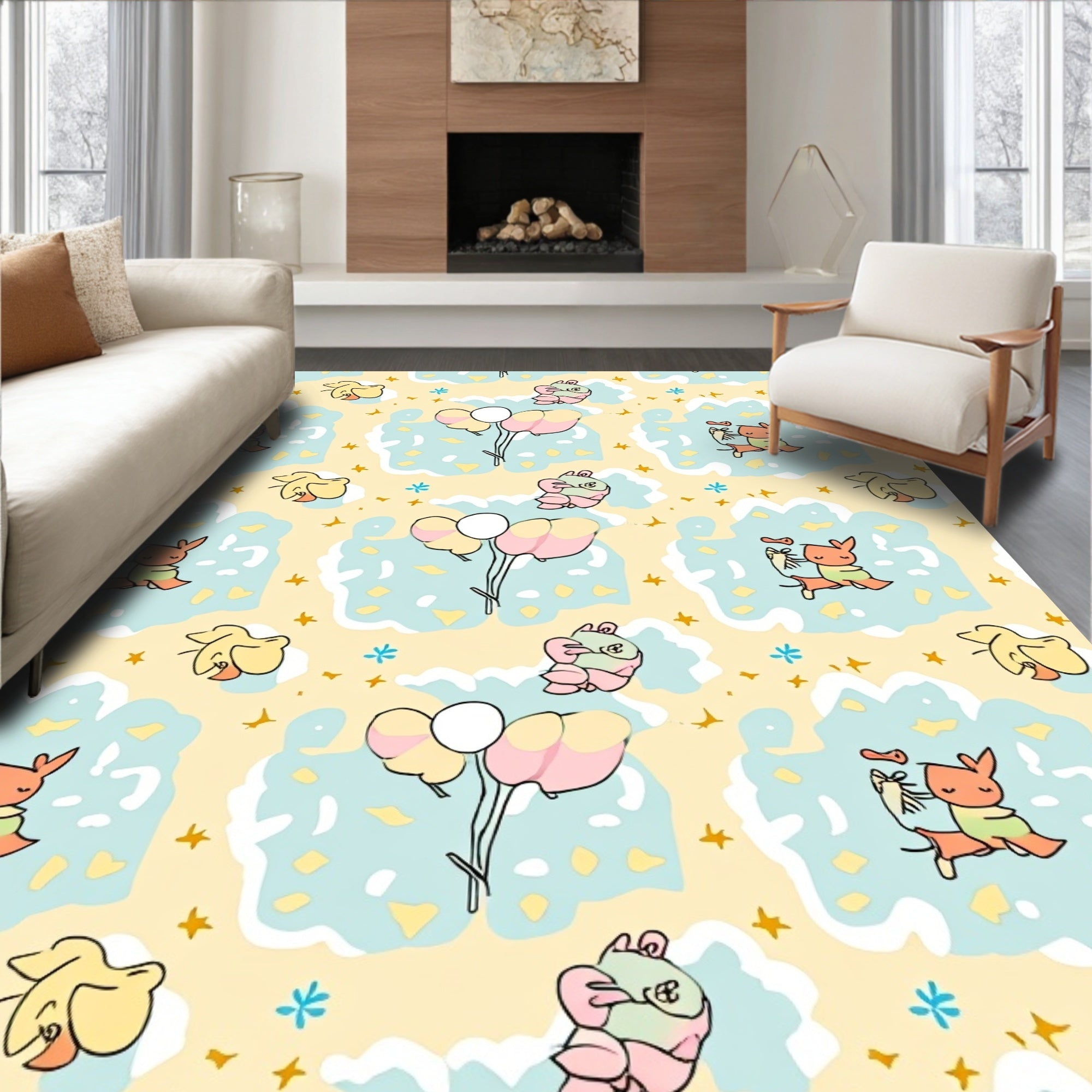 Whimsical Yellow Bunny Balloon Cloud Rug
