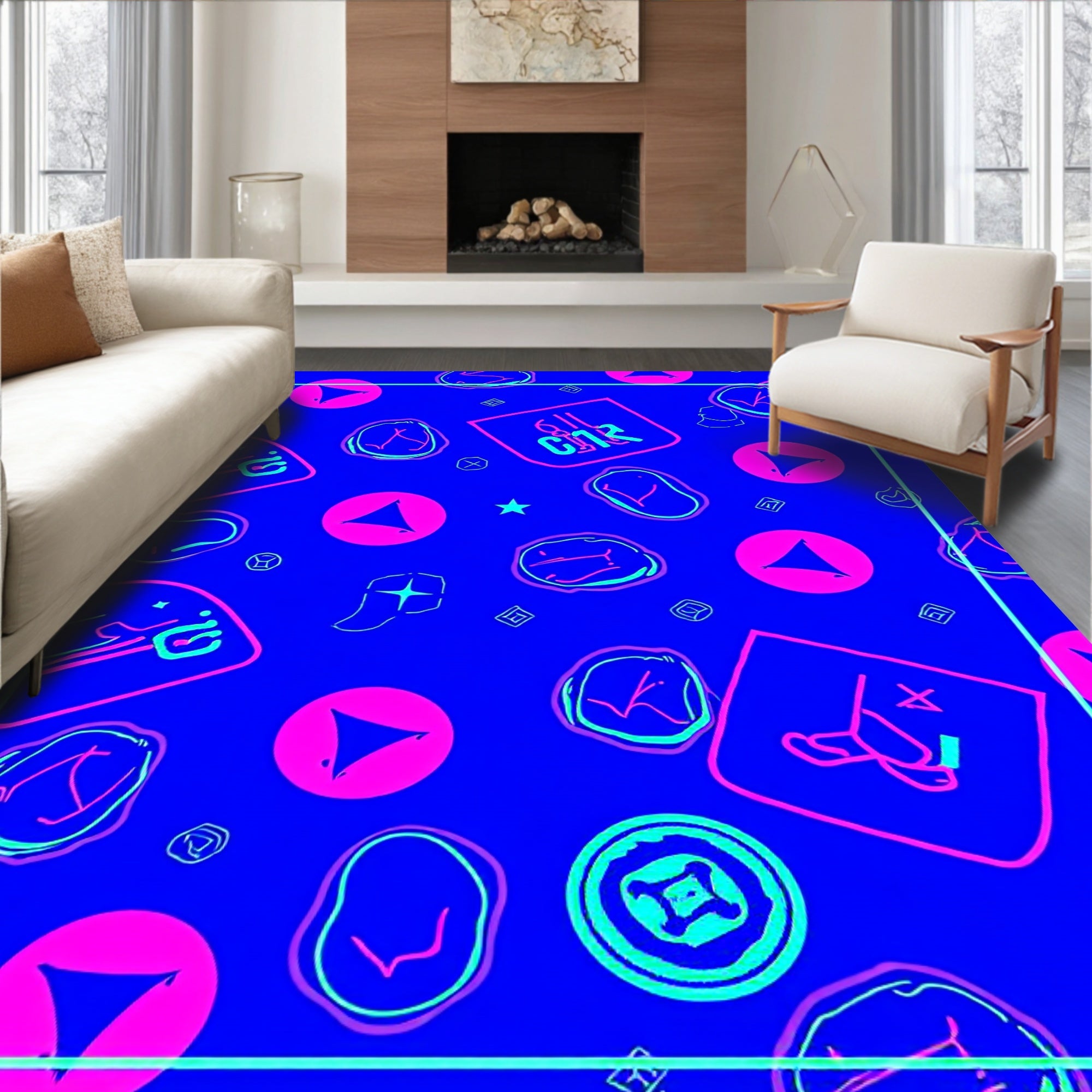 Electric Blue Neon Abstract Shapes Rug