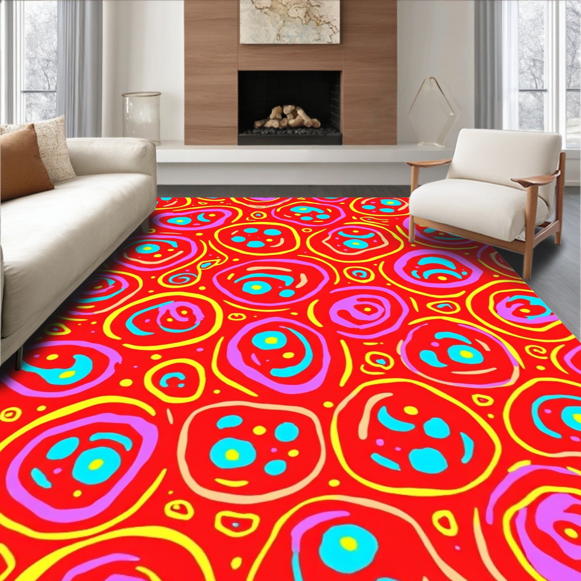 Bright Red Whimsical Circles Artwork Rug
