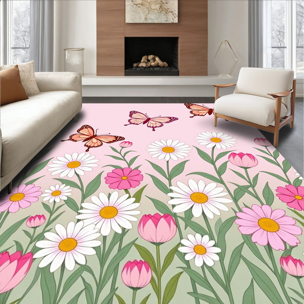 Pink Spring Butterflies Floral Garden Rug