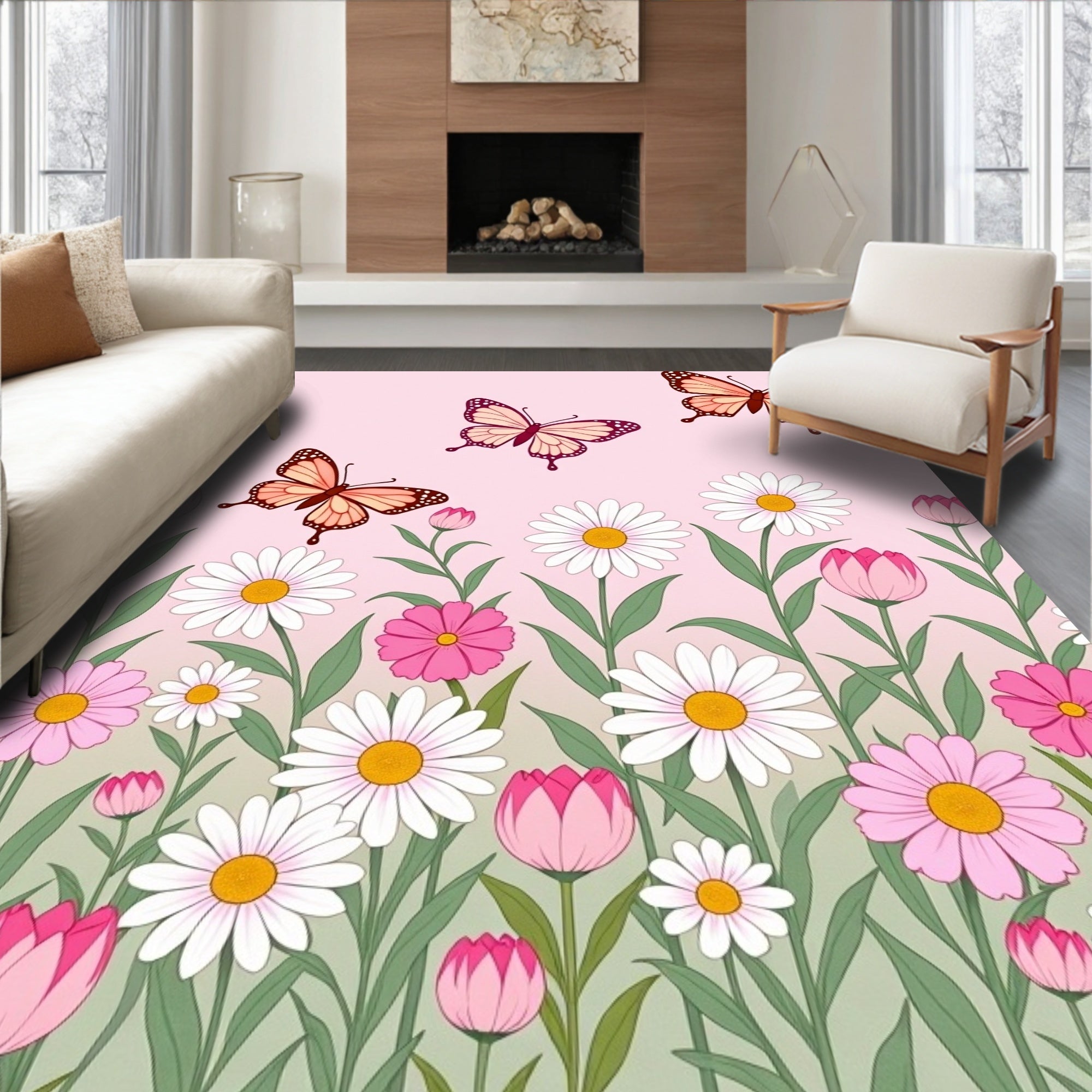 Pink Spring Butterflies Floral Garden Rug