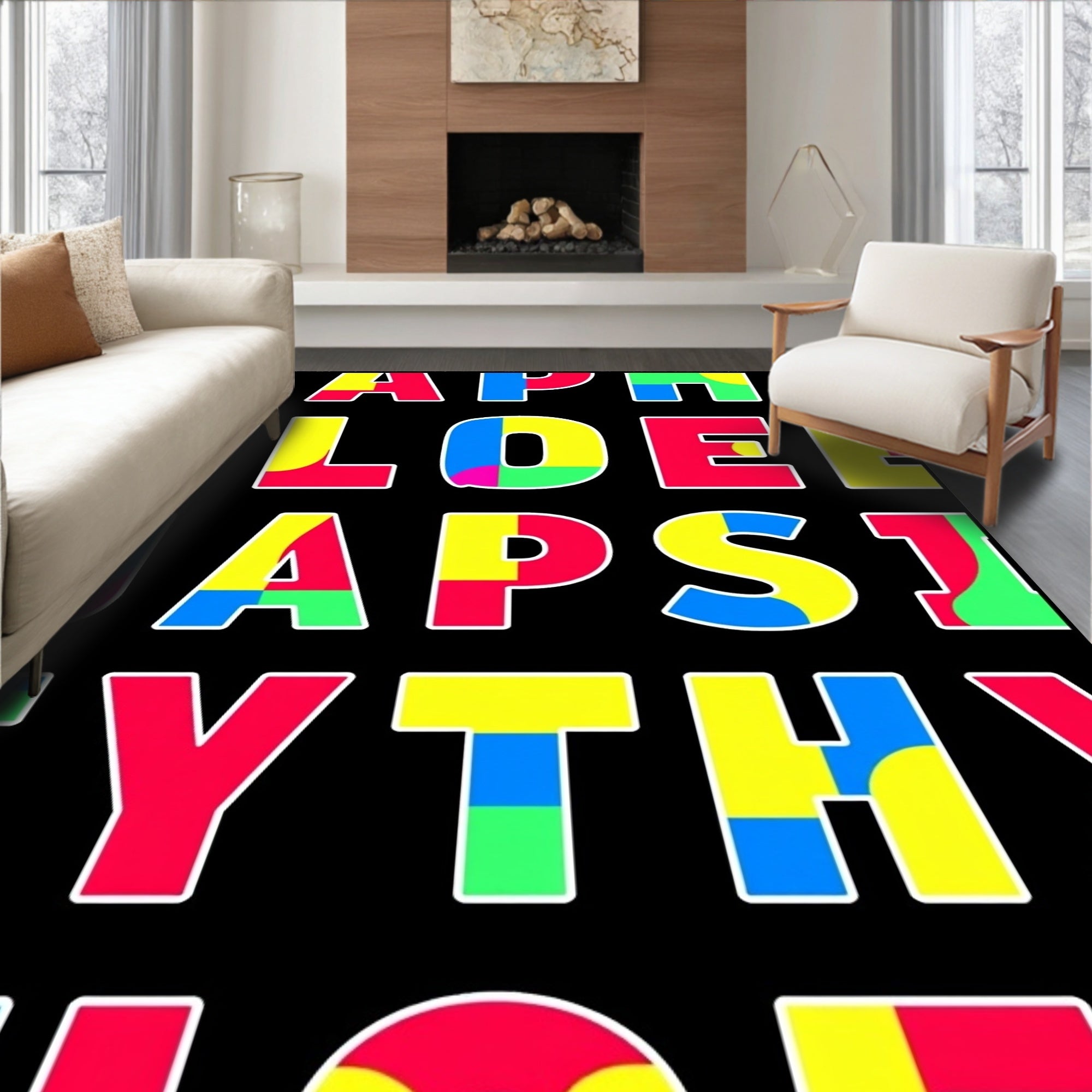 Bold Alphabet Collage Black Rug