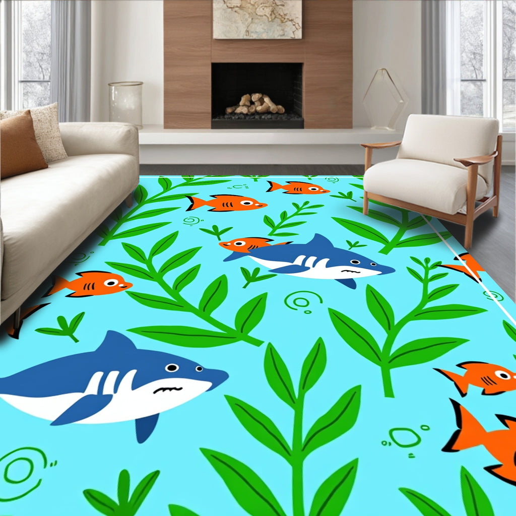 Blue Shark and Orange Fish Ocean Garden Rug