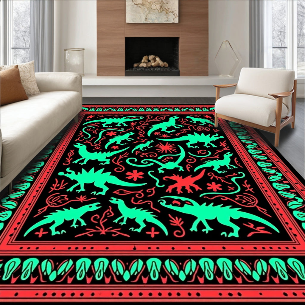 Tonal Dinosaur Tropical Botanical Border Rug