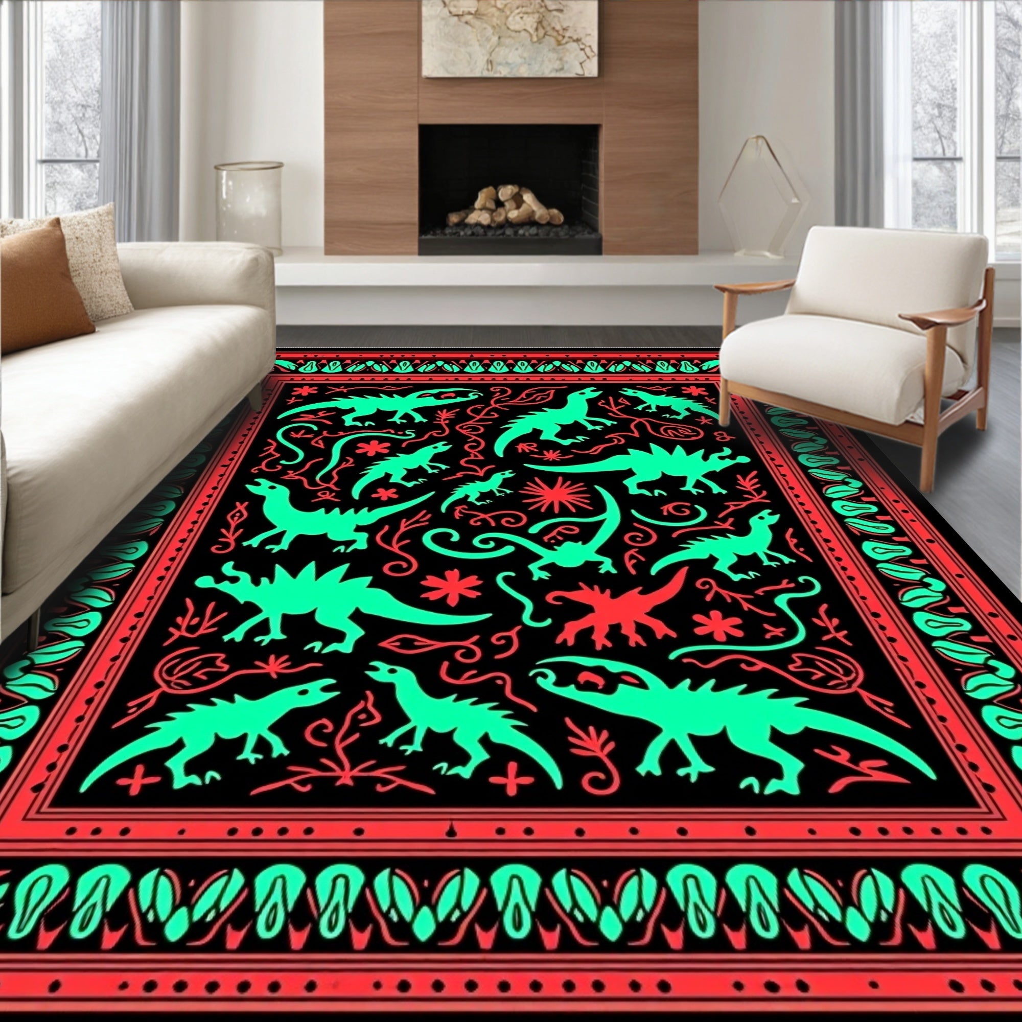 Tonal Dinosaur Tropical Botanical Border Rug