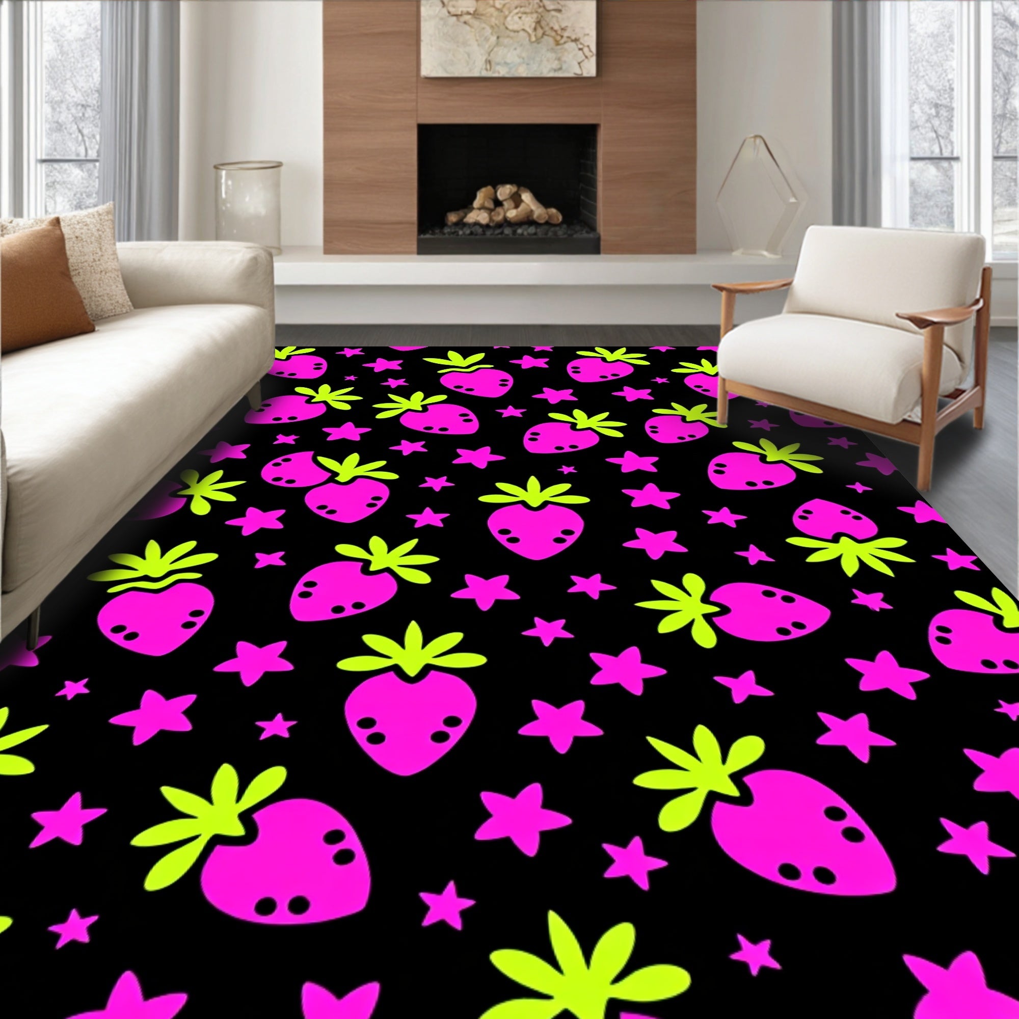 Vibrant Pink Strawberry Starry Night Rug