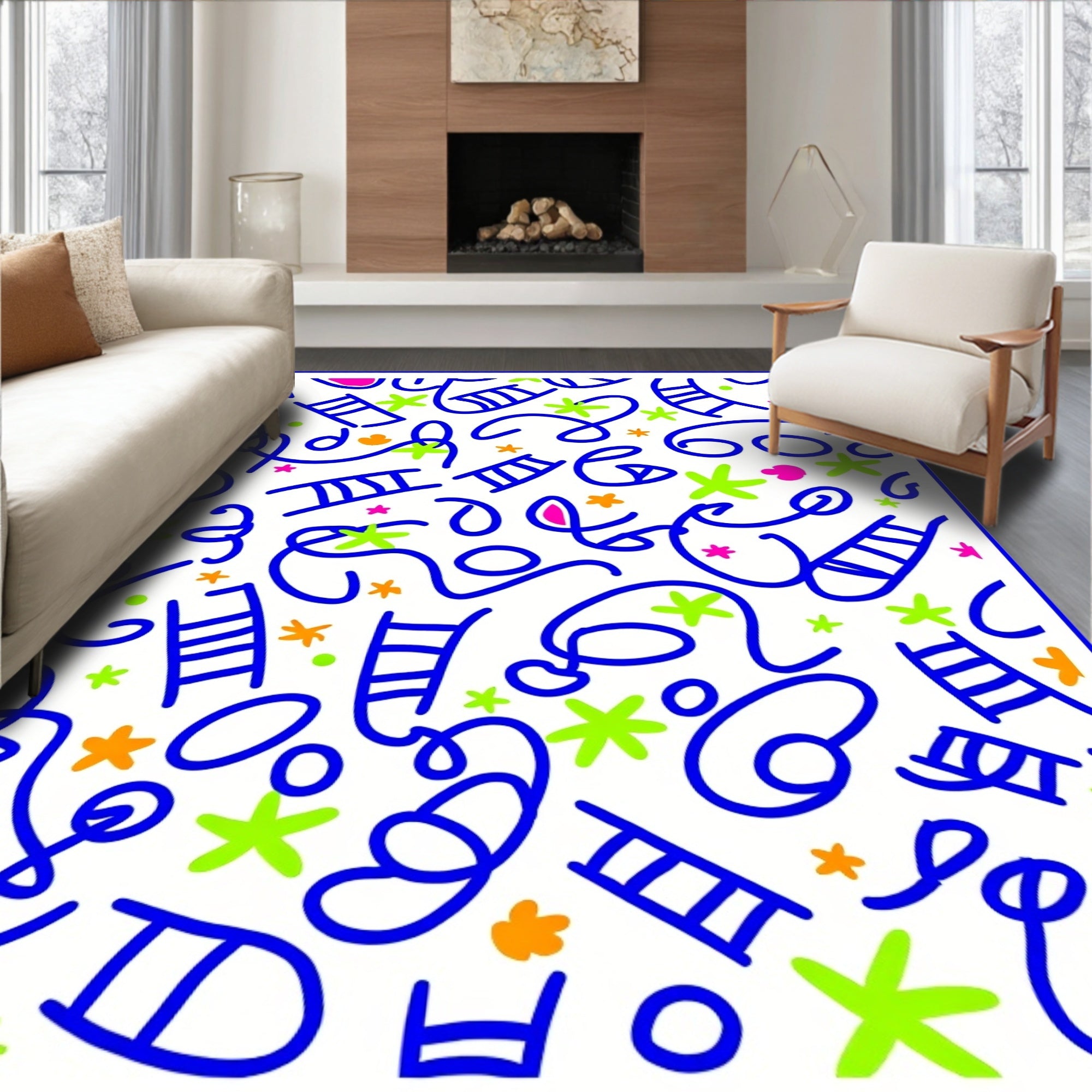 Playful Blue Line Doodle Abstract Rug