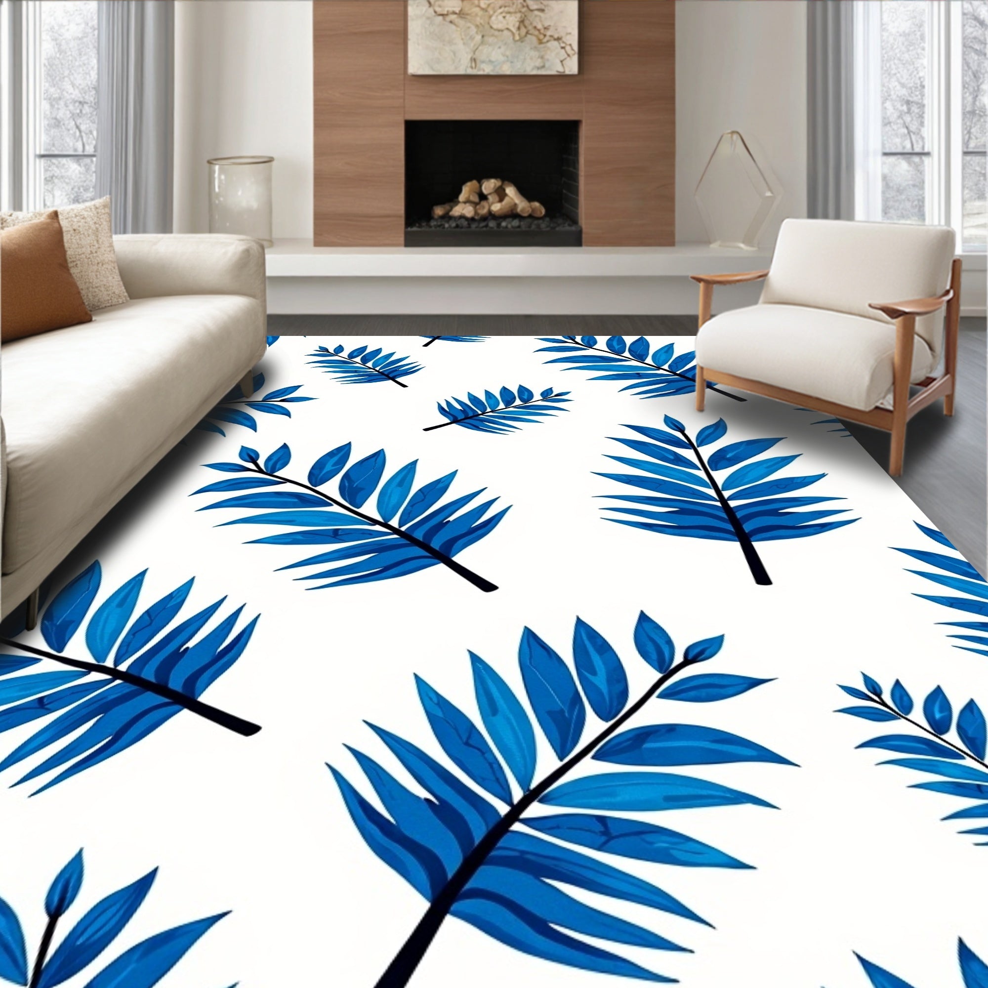 Deep Blue Tropical Foliage Print Rug