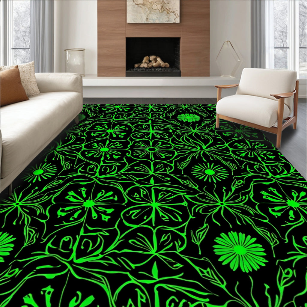 Vibrant Neon Green Floral Vines Rug