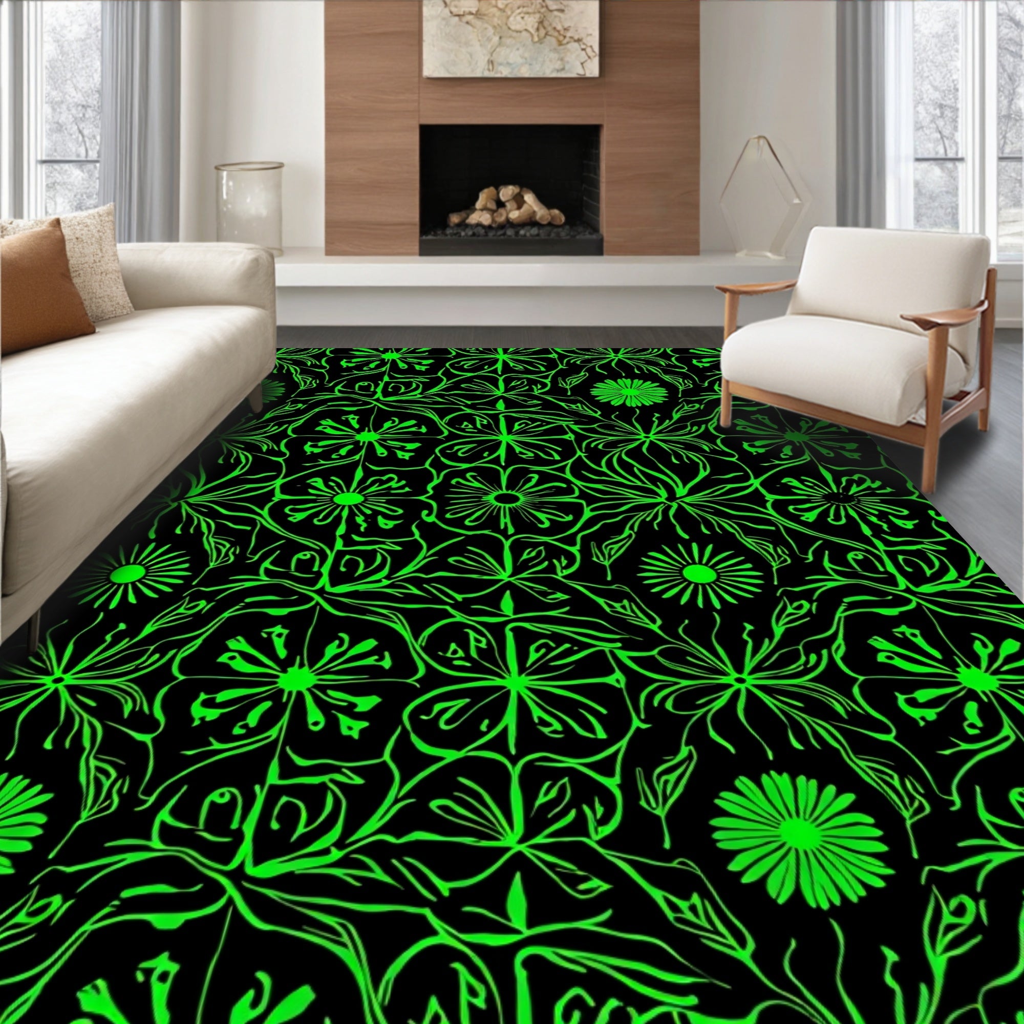 Vibrant Neon Green Floral Vines Rug