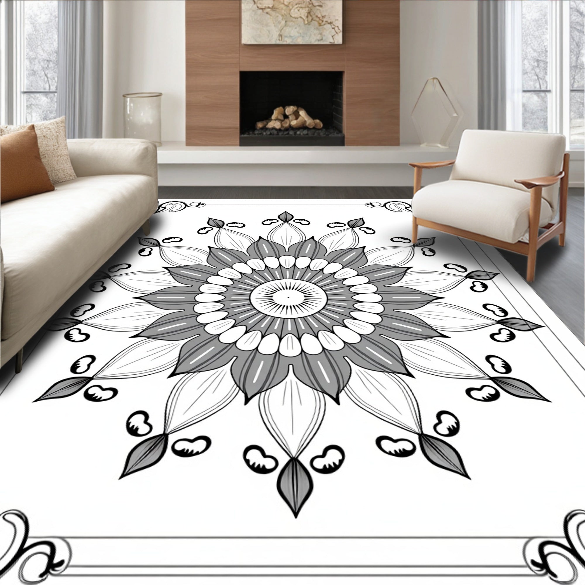 Monochromatic Floral Medallion Border Rug