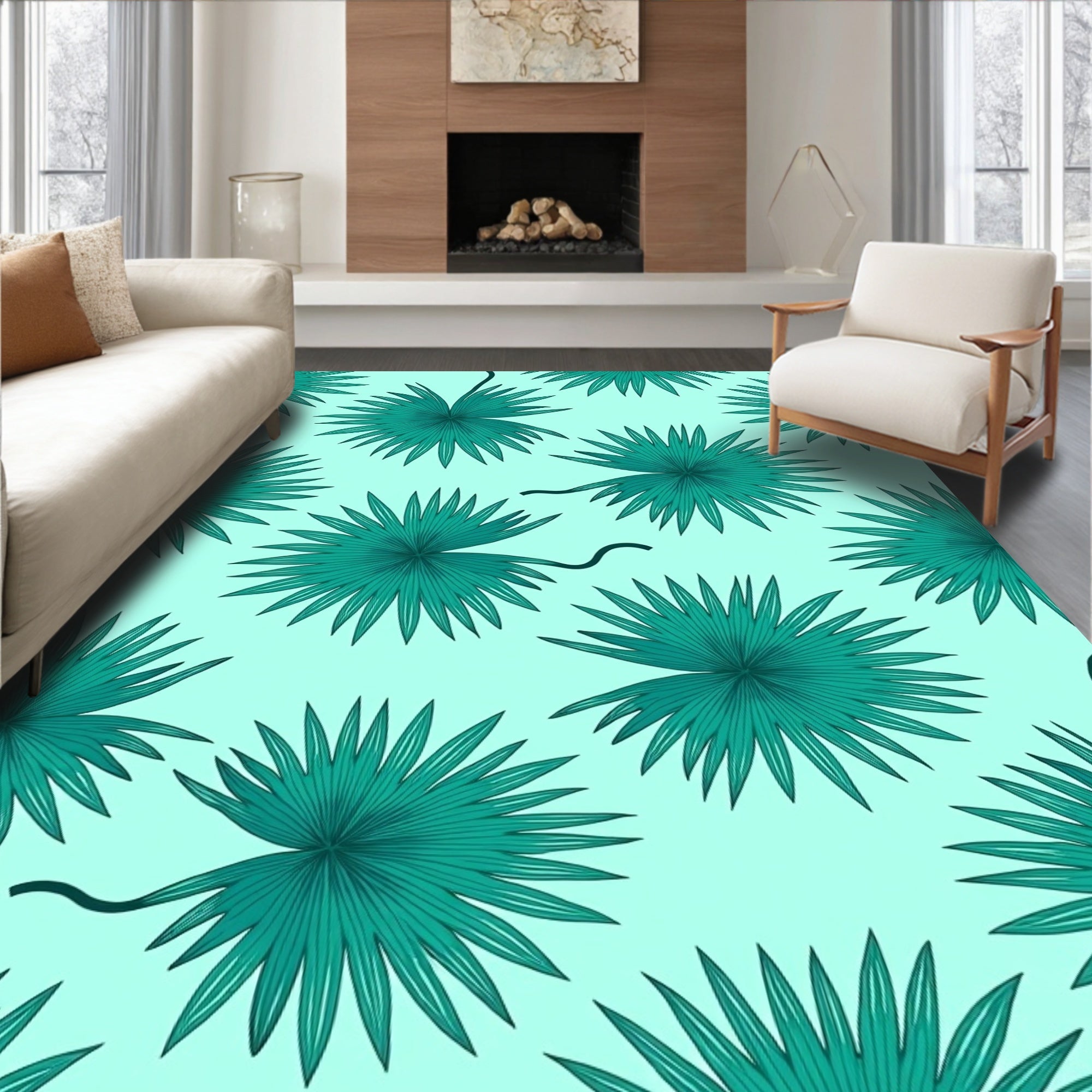 Teal Palm Leaf Scatter Rug