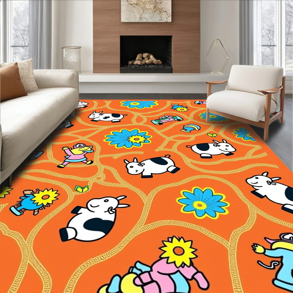 Whimsical Orange Cow Flower Collage Rug