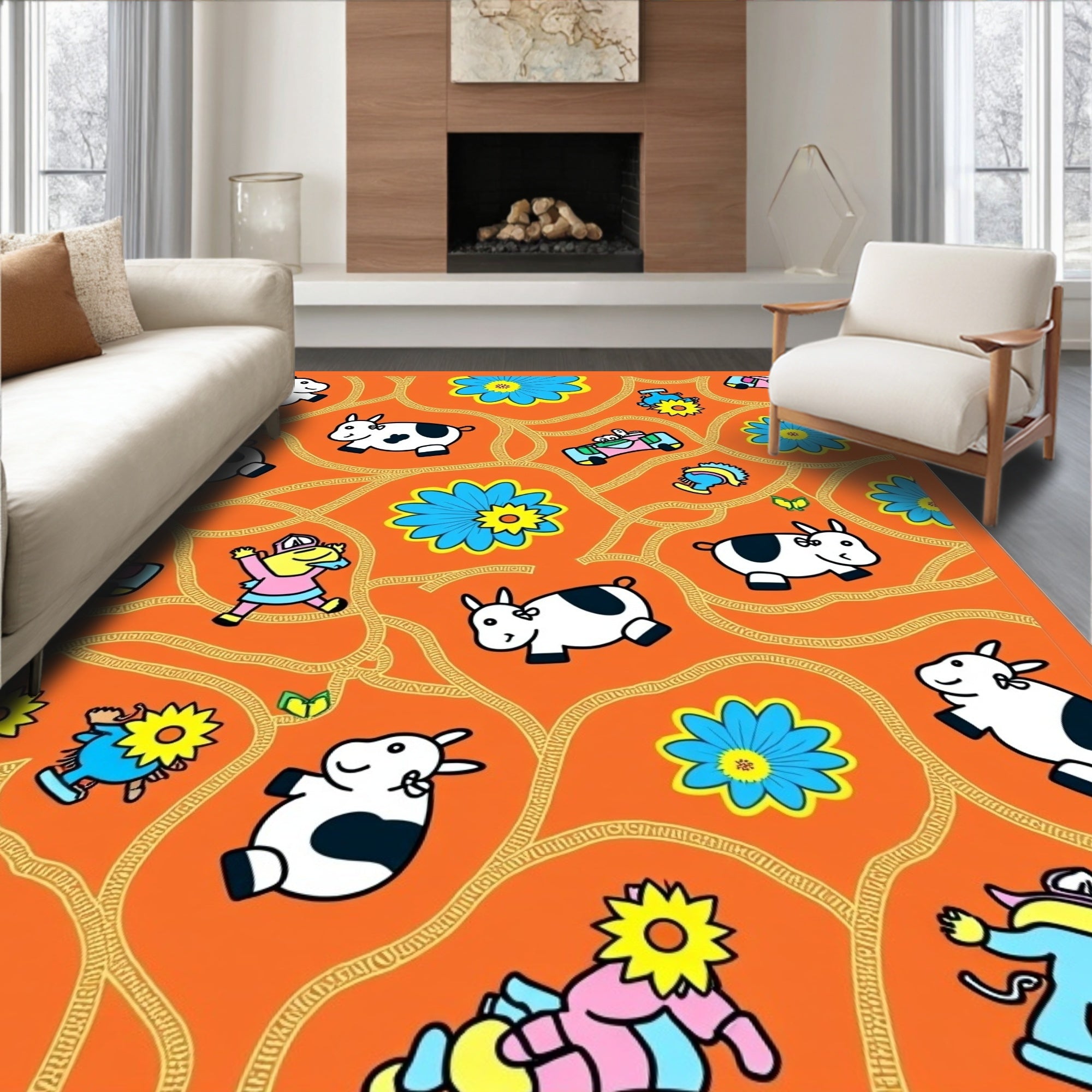 Whimsical Orange Cow Flower Collage Rug