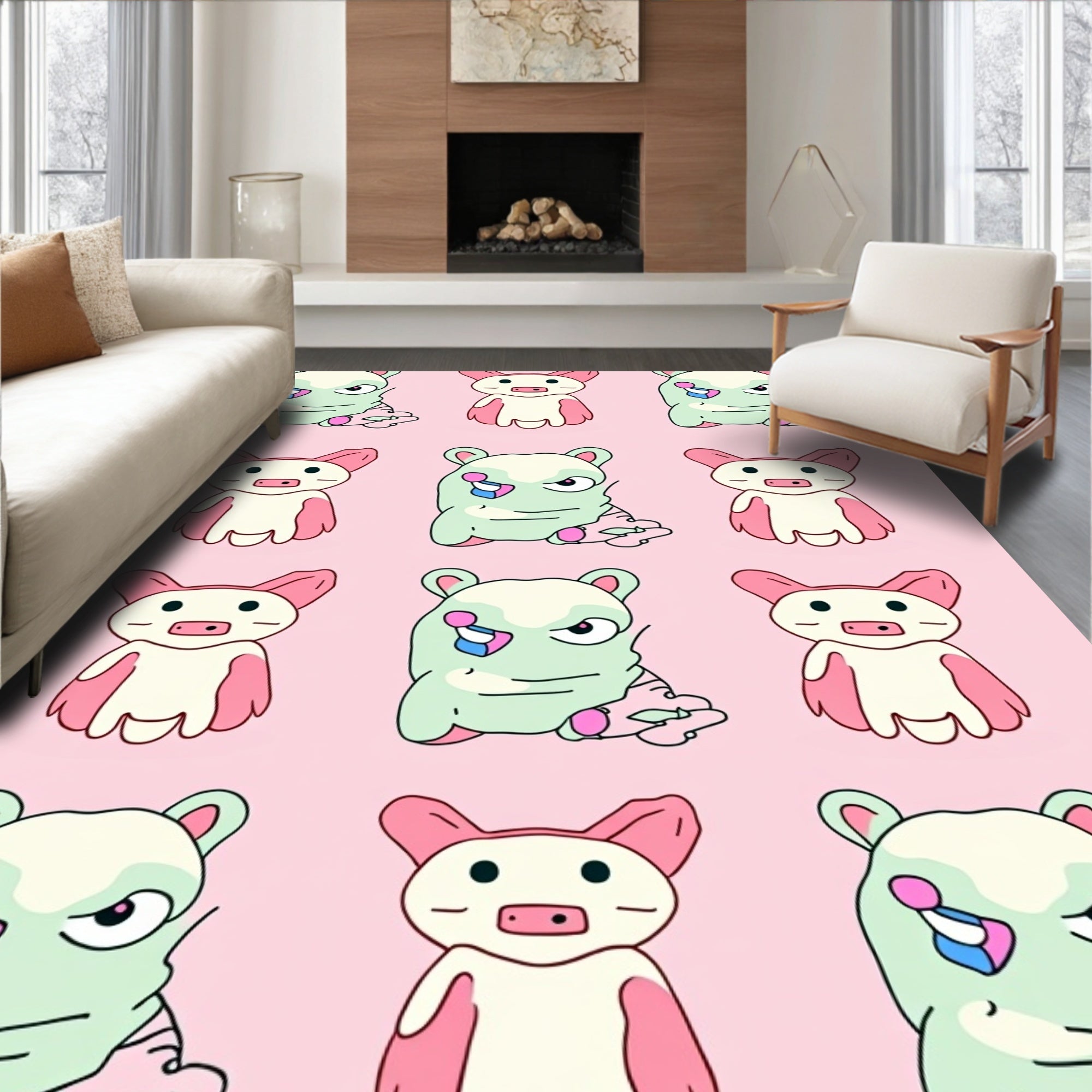 Whimsical Creatures Pink Mint Repeat Rug