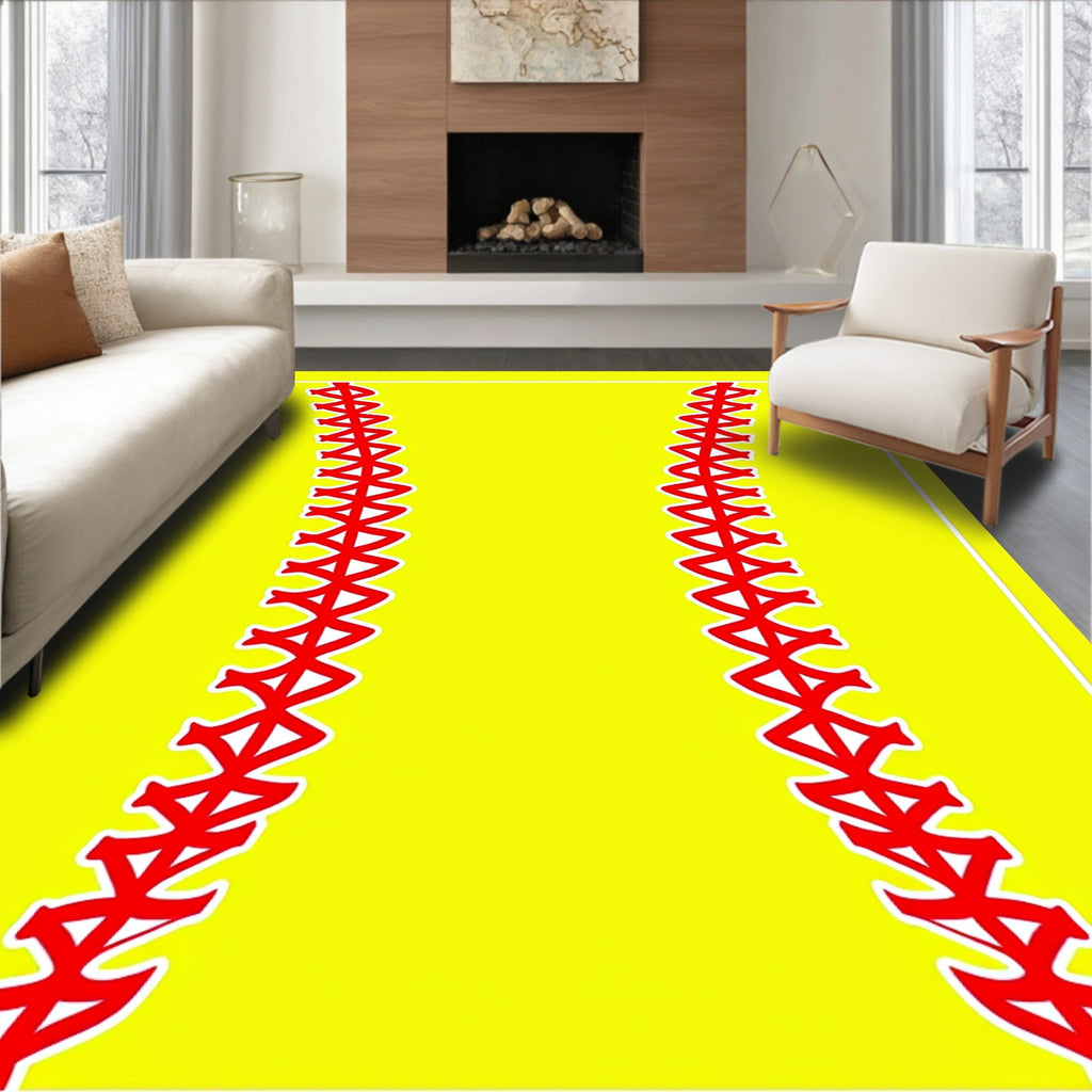 Bright Yellow Red Stitching Rectangles Rug