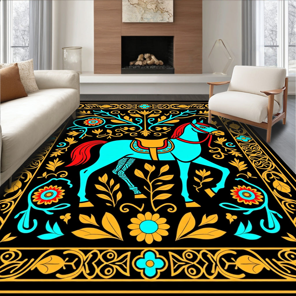 Aqua Horse With Red Mane Gold Border Rug