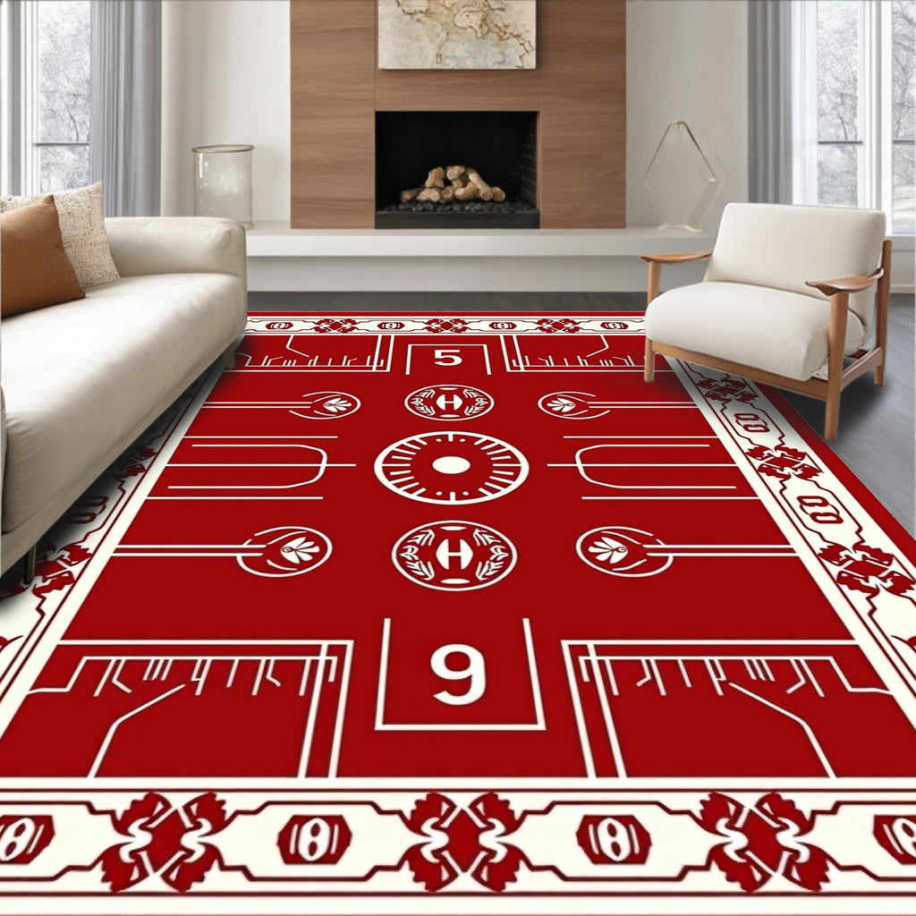 Crimson Ivory Geometric Medallion Abstraction Rug