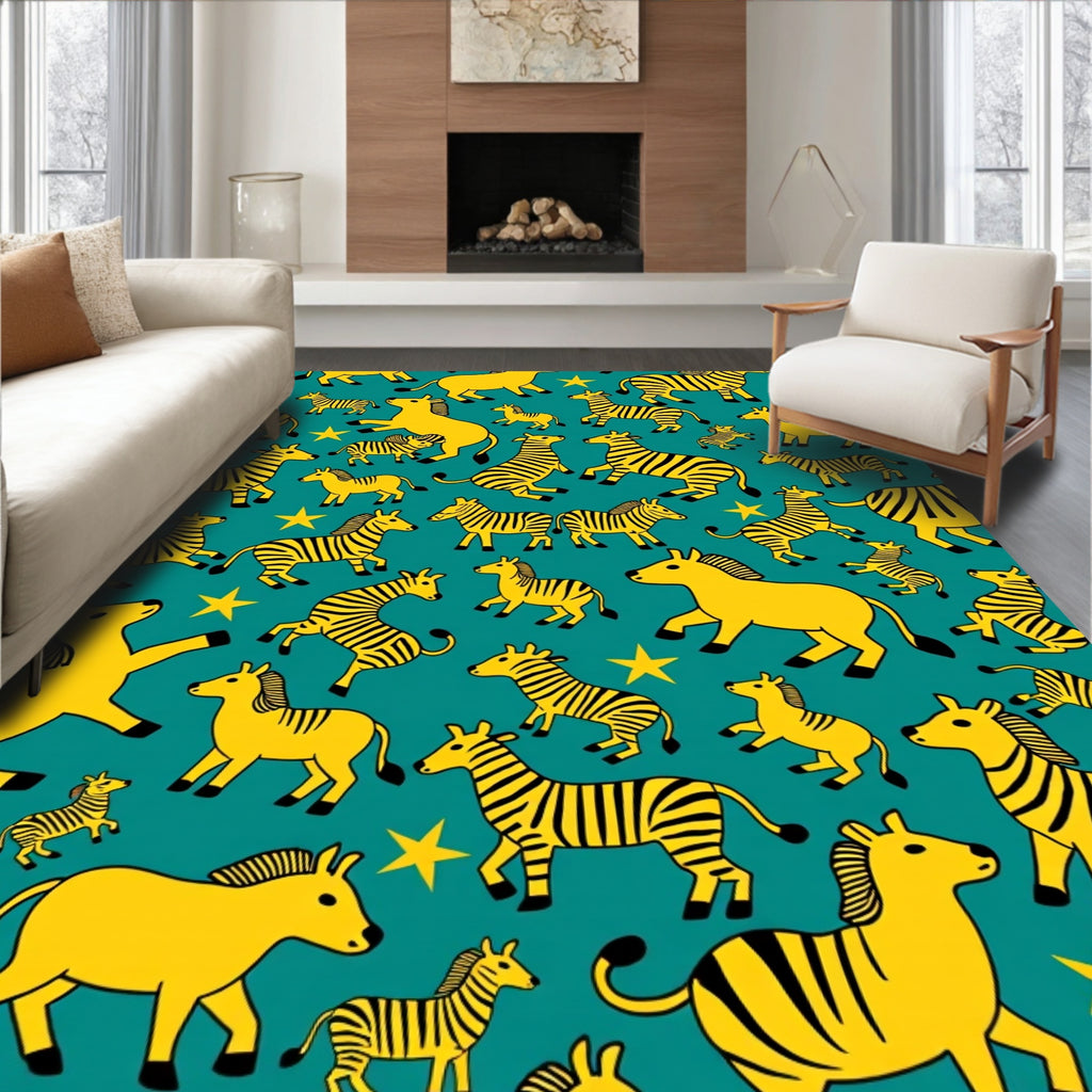 Yellow Zebra Herd Starry Teal Rug