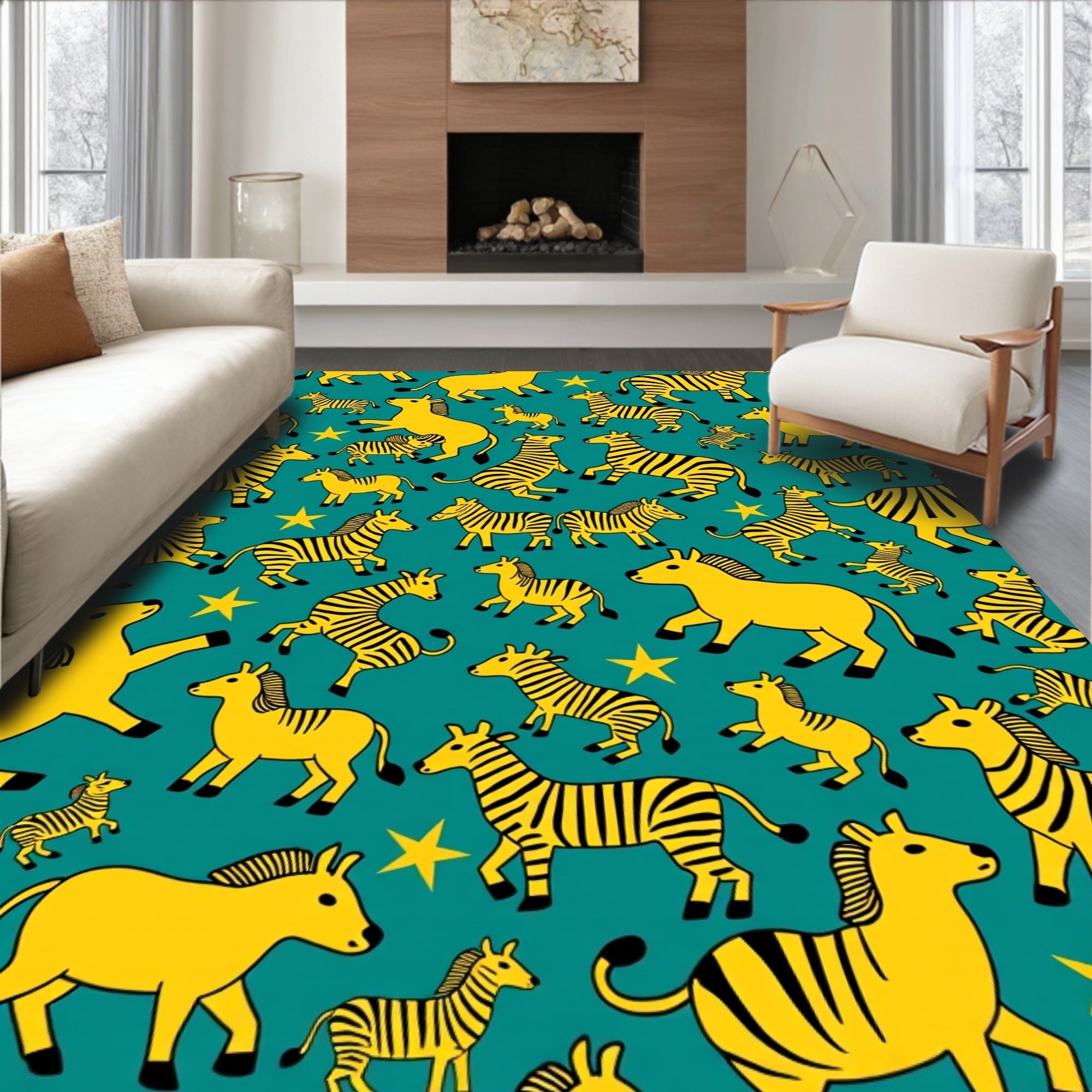 Yellow Zebra Herd Starry Teal Rug