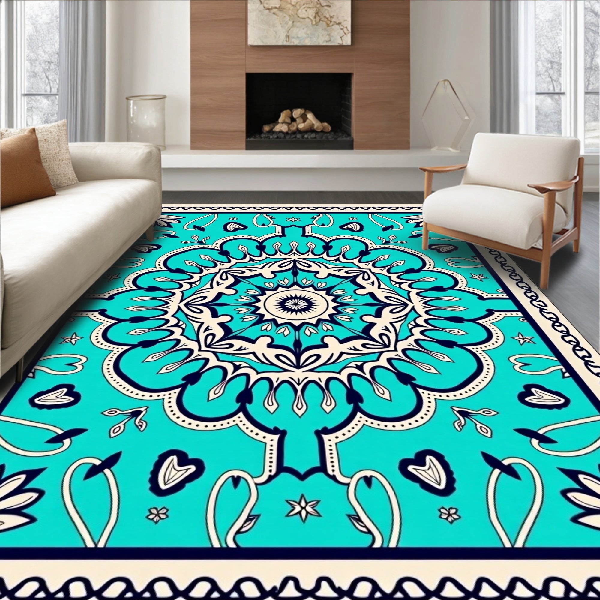 Turquoise Cream Navy Mandala Rug