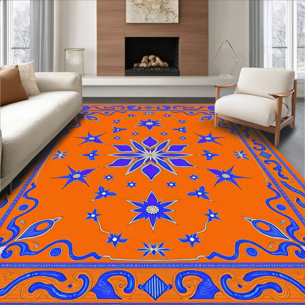 Vibrant Blue Starburst Floral Medallion Rug