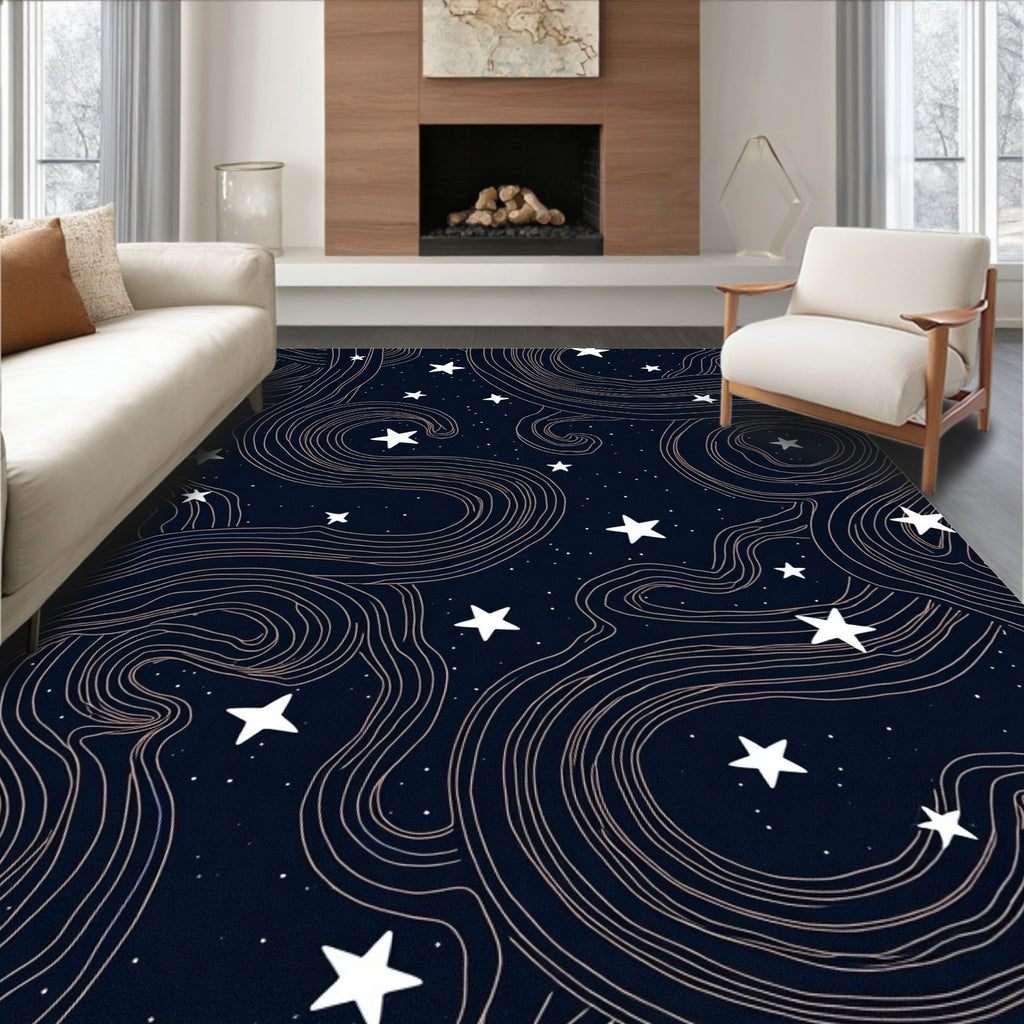 Midnight Sky White Star Swirls Rug
