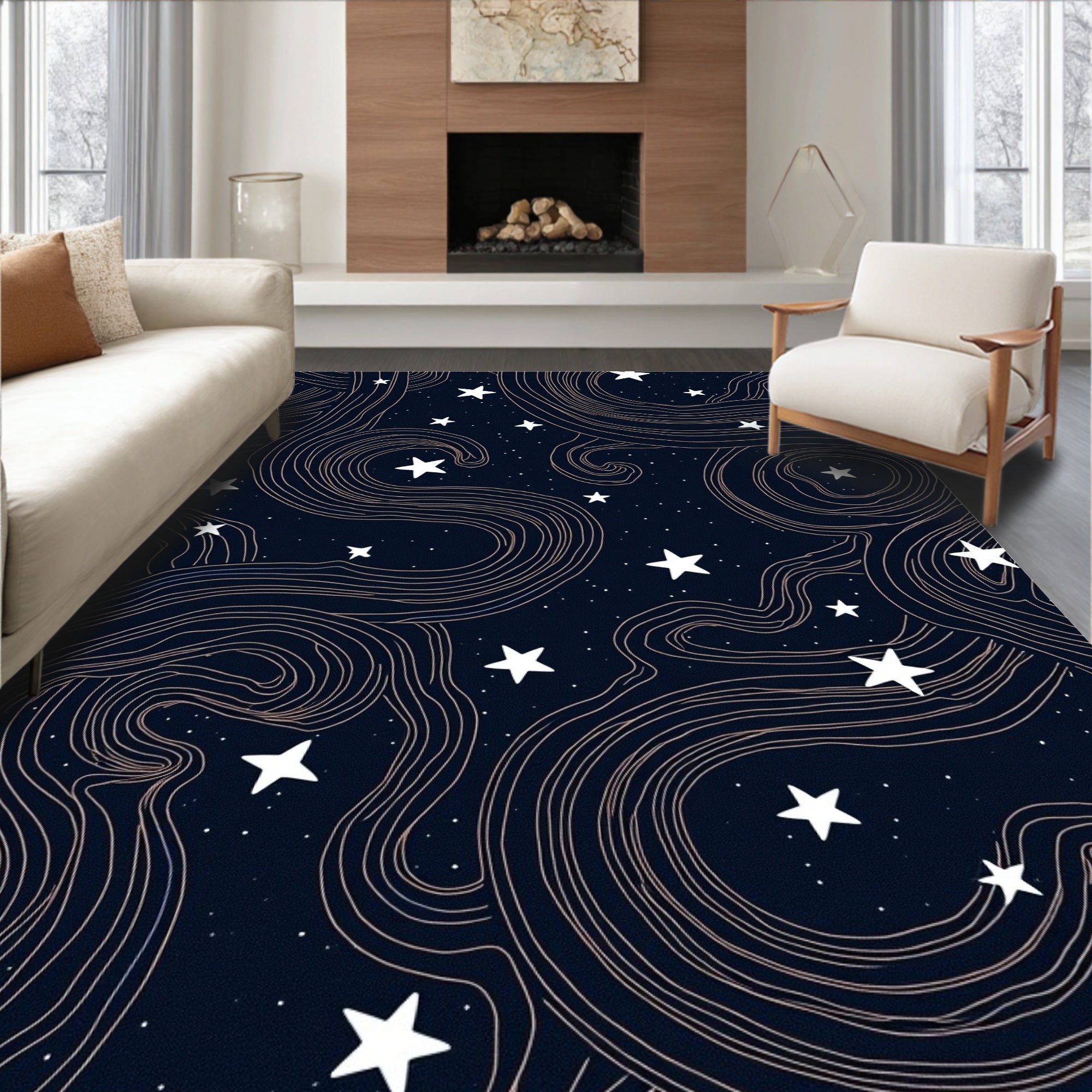 Midnight Sky White Star Swirls Rug