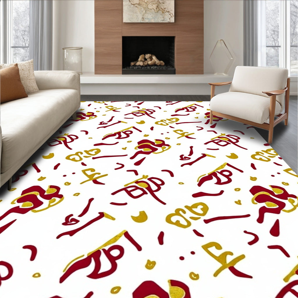 Crimson Gold Abstract Calligraphy Rug