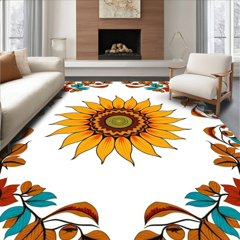 Golden Sunflower Mandala Border Rug